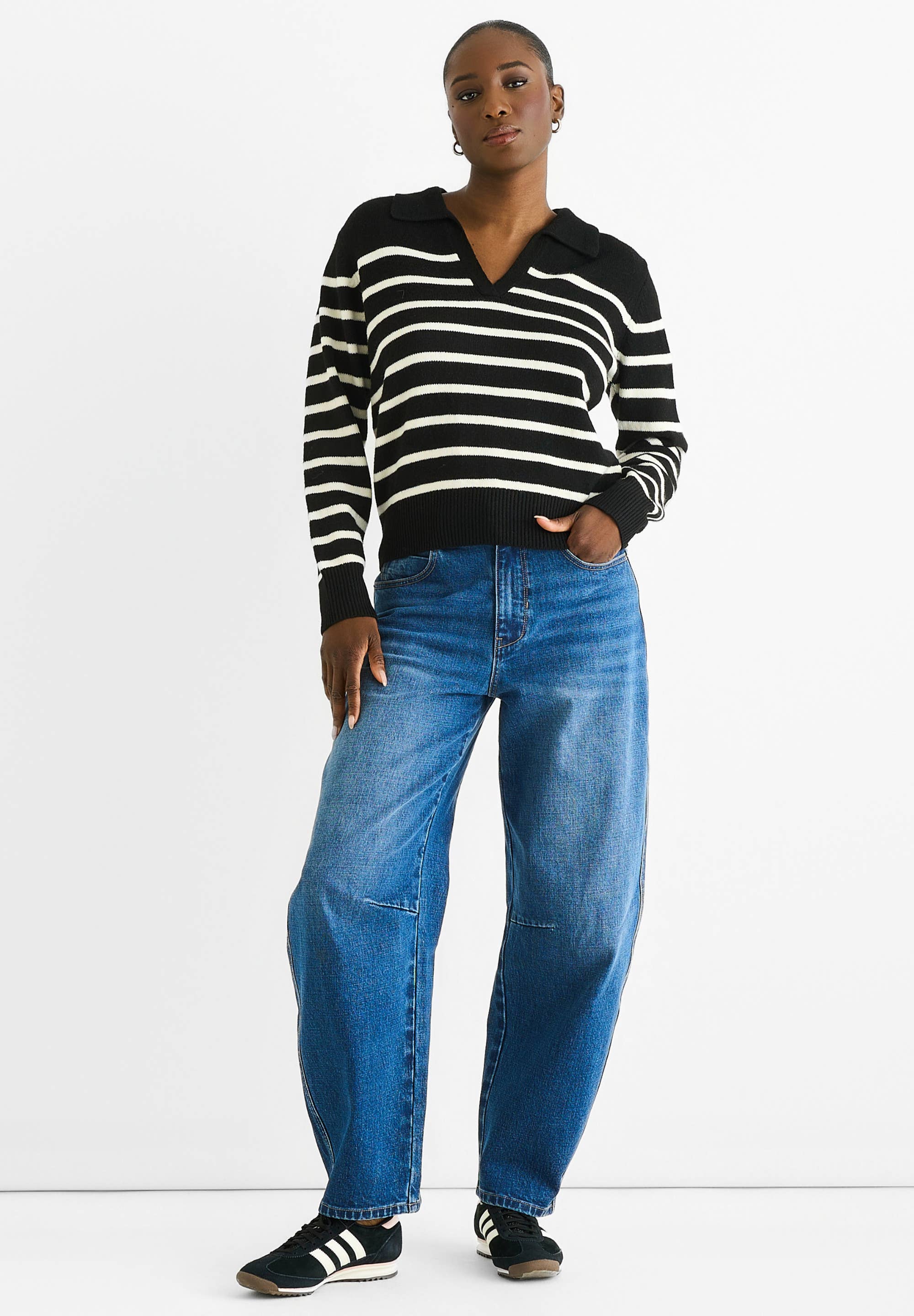 Black Recycle Stripe V Neck Collar Knit Jumper