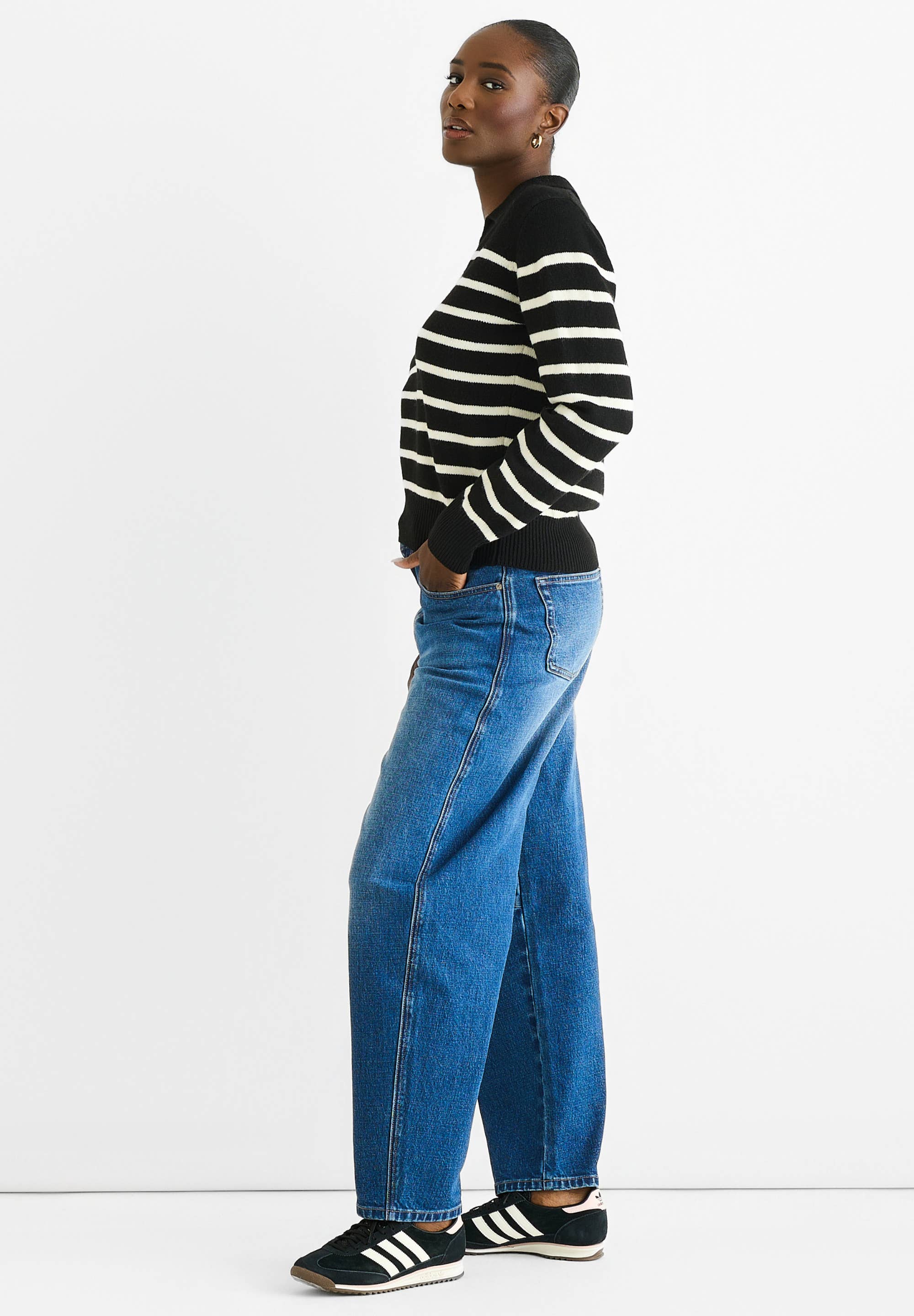 Black Recycle Stripe V Neck Collar Knit Jumper