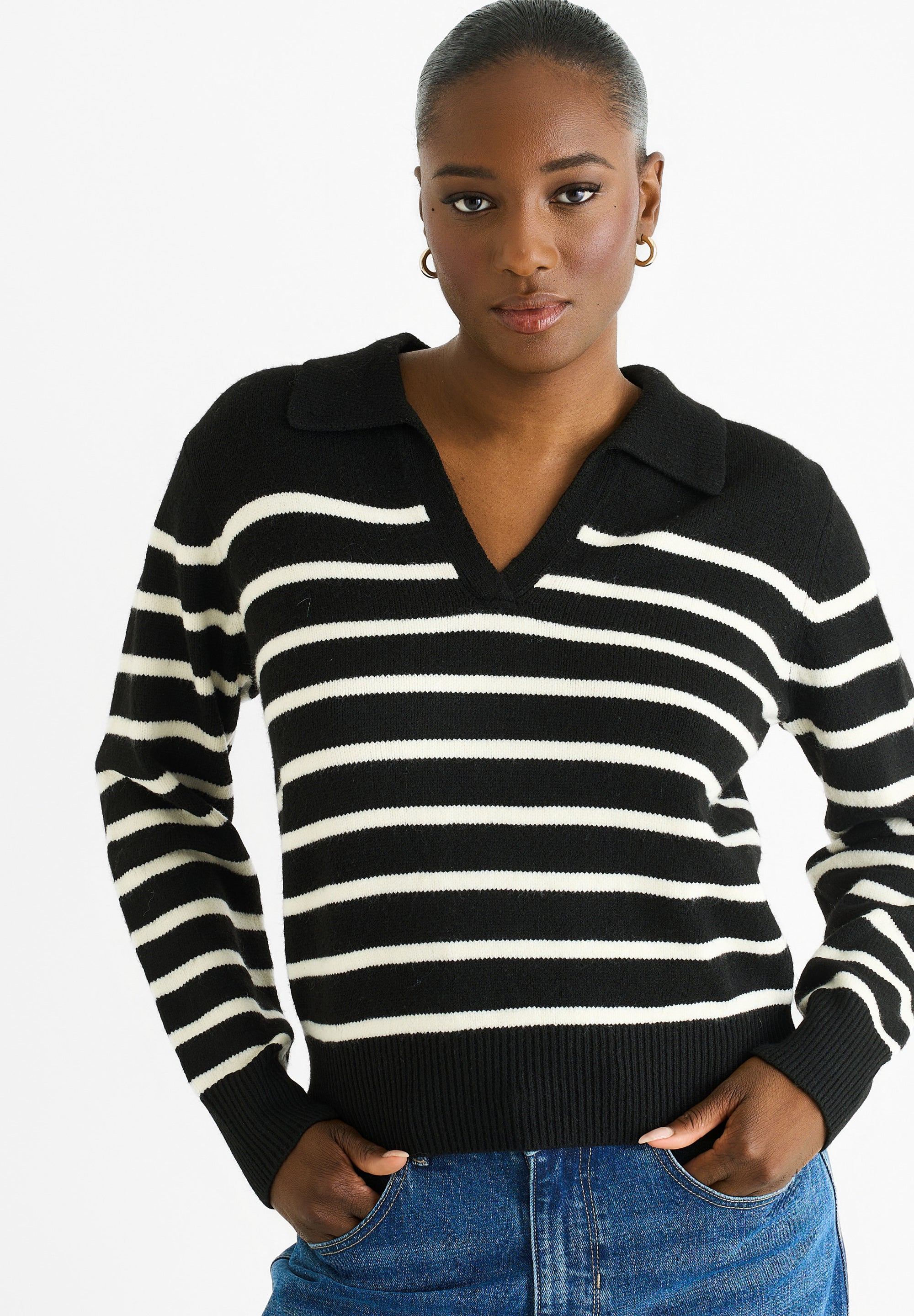 Recycle Mix Stripe V Neck Collar Knit Jumper