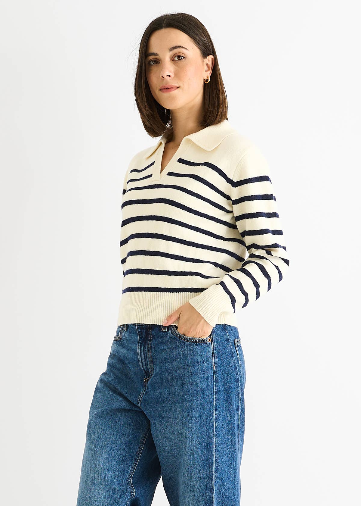 Cream Recycle Stripe V Neck Collar Knit Jumper – View 1 | Gini London