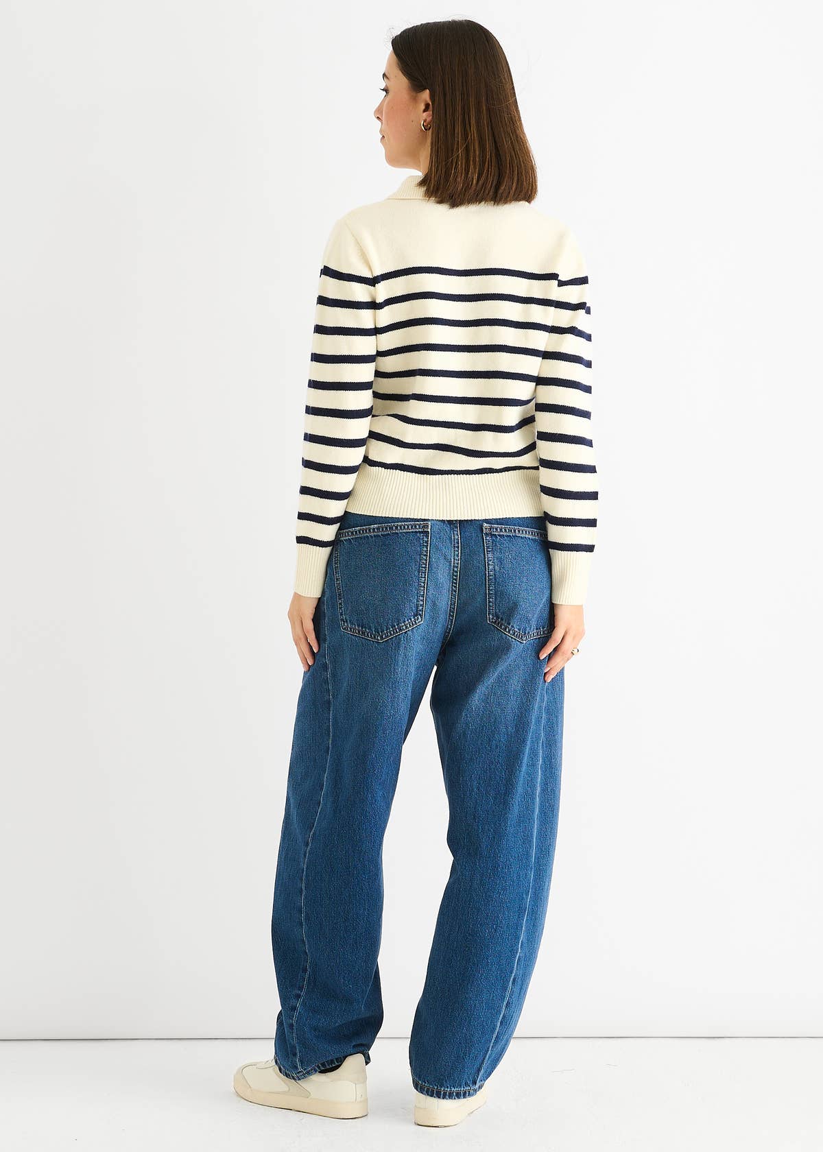 Cream Recycle Stripe V Neck Collar Knit Jumper – View 4 | Gini London