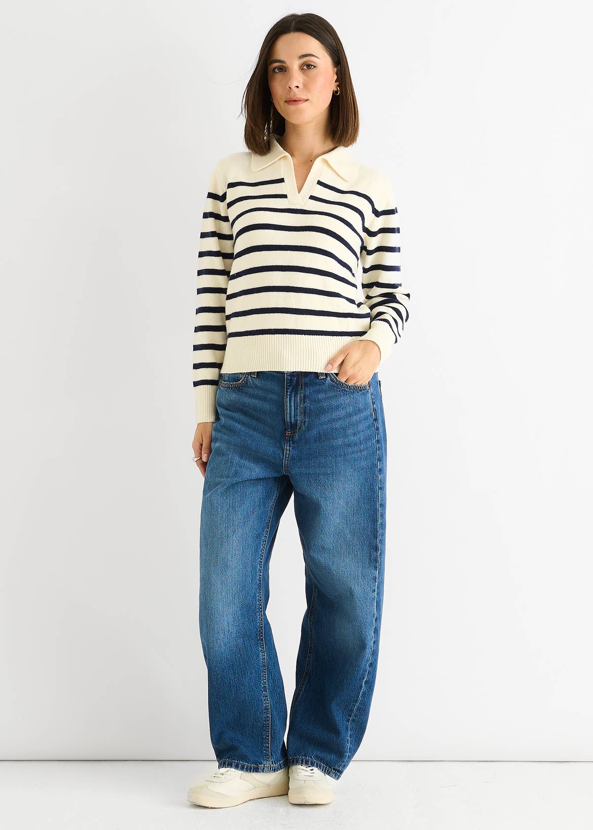 Cream Recycle Stripe V Neck Collar Knit Jumper – View 2 | Gini London
