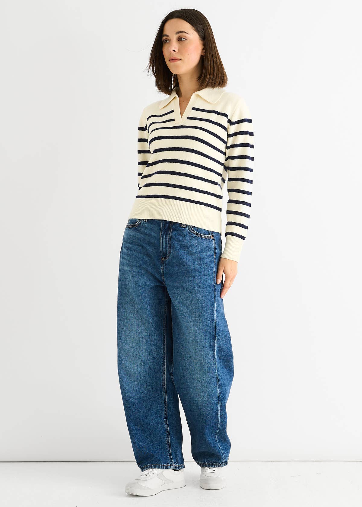 Cream Recycle Stripe V Neck Collar Knit Jumper – View 3 | Gini London