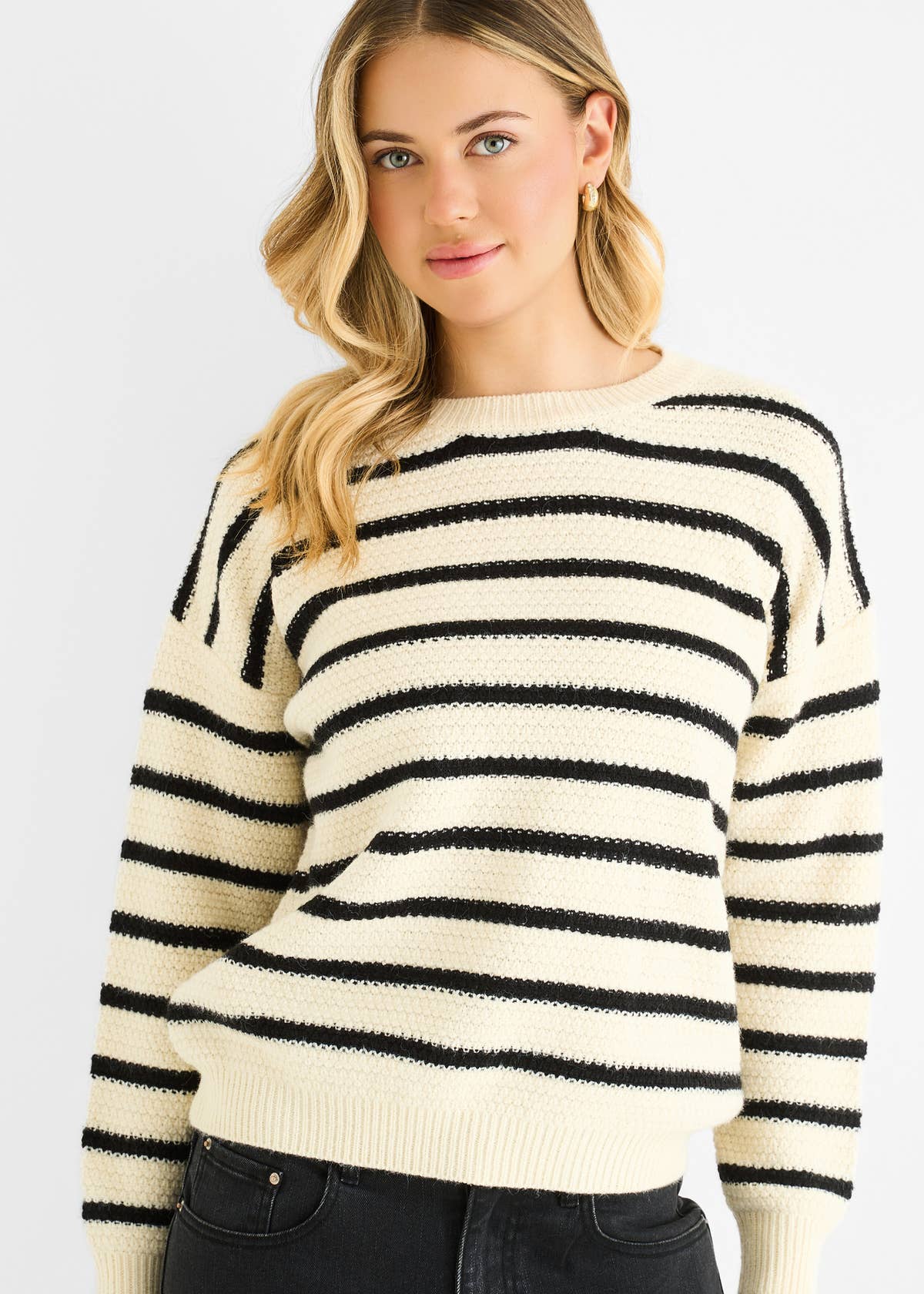 Beige Stripe Chunky Knit Oversized Jumper – View 1 | Gini London