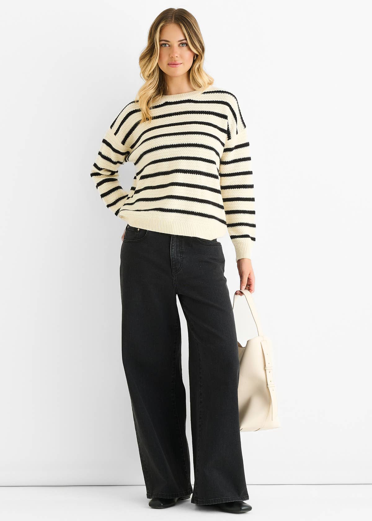 Beige Stripe Chunky Knit Oversized Jumper – View 2 | Gini London
