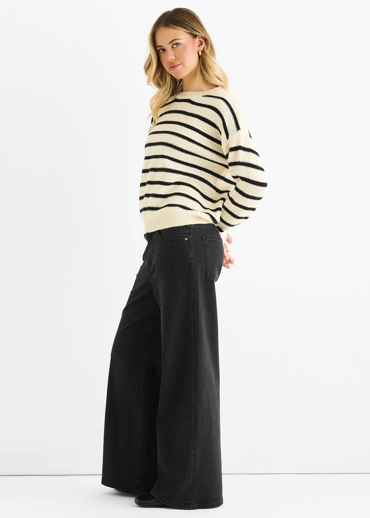 Beige Stripe Chunky Knit Oversized Jumper – View 3 | Gini London