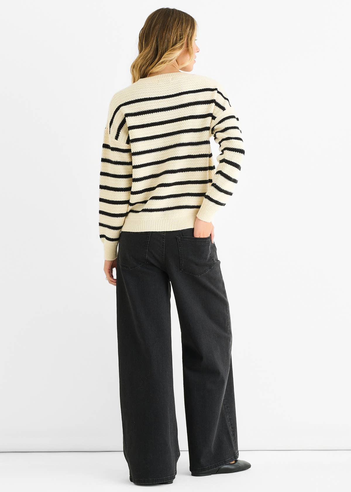 Beige Stripe Chunky Knit Oversized Jumper – View 4 | Gini London