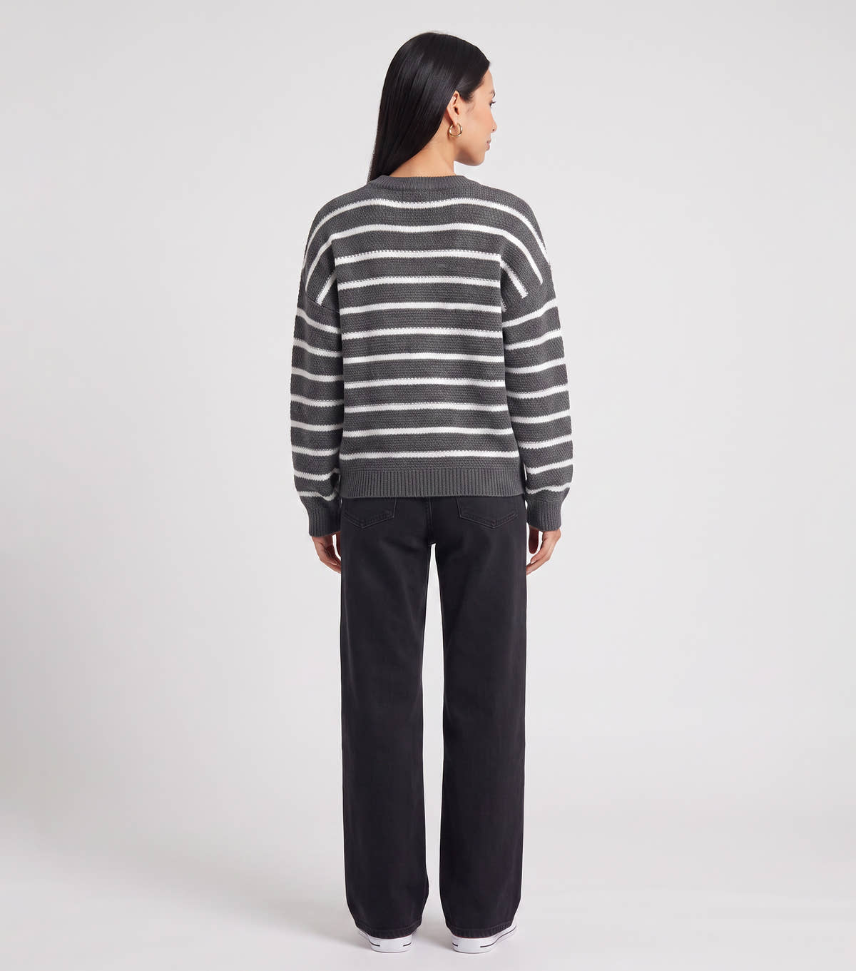 Grey Stripe Chunky Knit Oversized Jumper – View 3 | Gini London