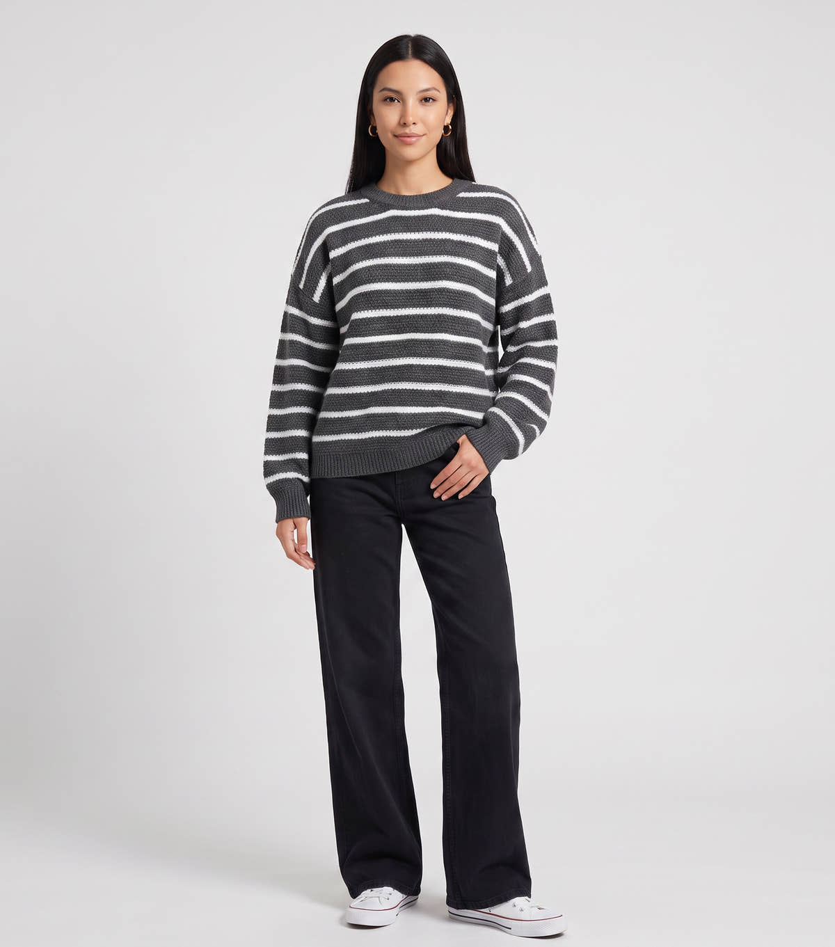 Grey Stripe Chunky Knit Oversized Jumper – View 1 | Gini London