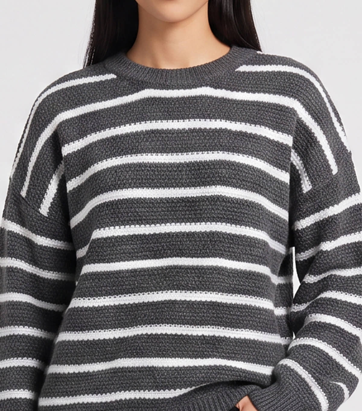Grey Stripe Chunky Knit Oversized Jumper – View 2 | Gini London