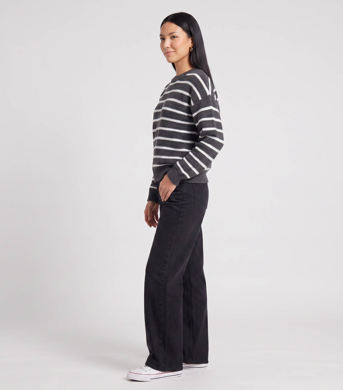 Grey Stripe Chunky Knit Oversized Jumper – View 4 | Gini London