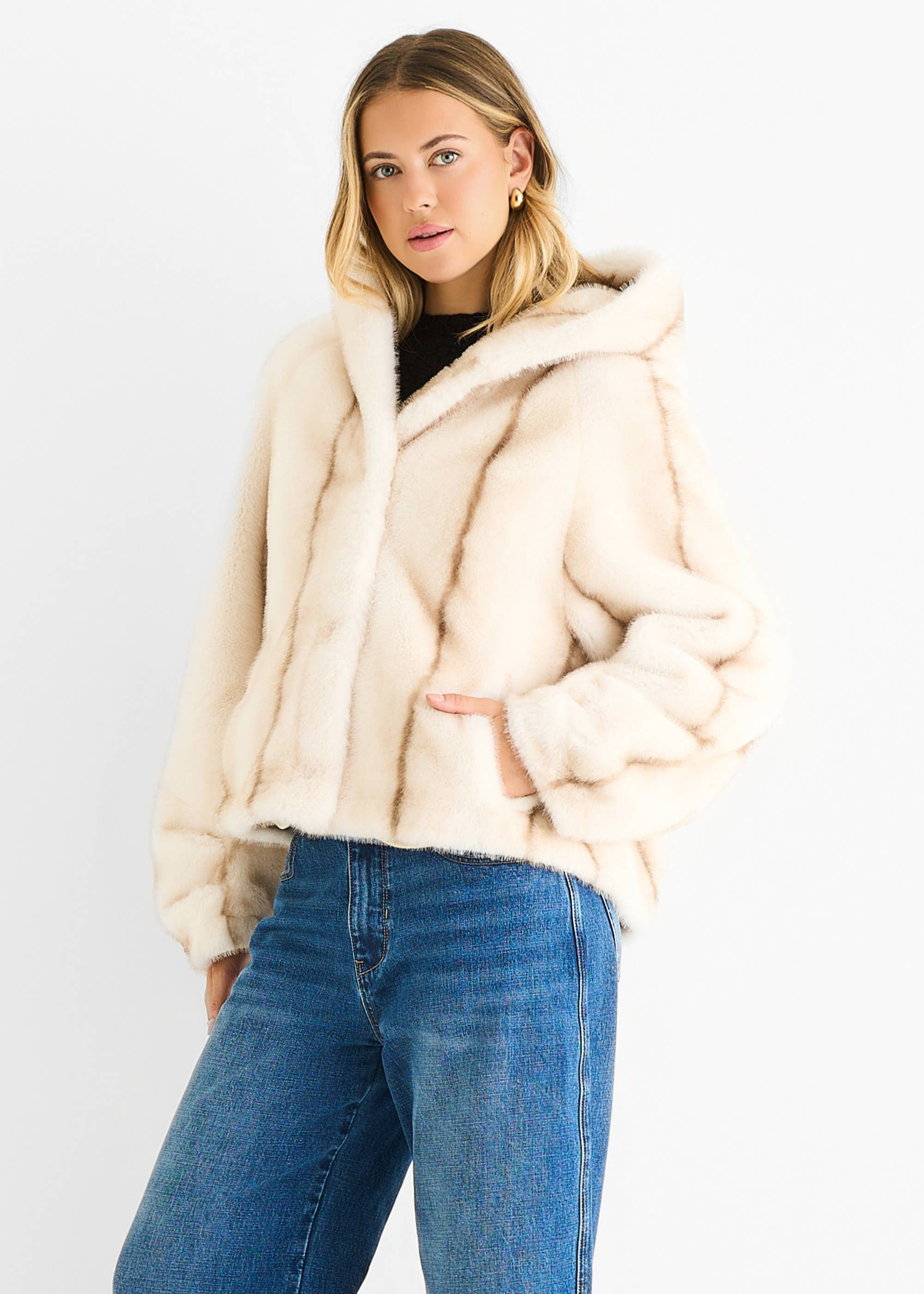 Cream Ombre Hooded Faux Fur Jacket