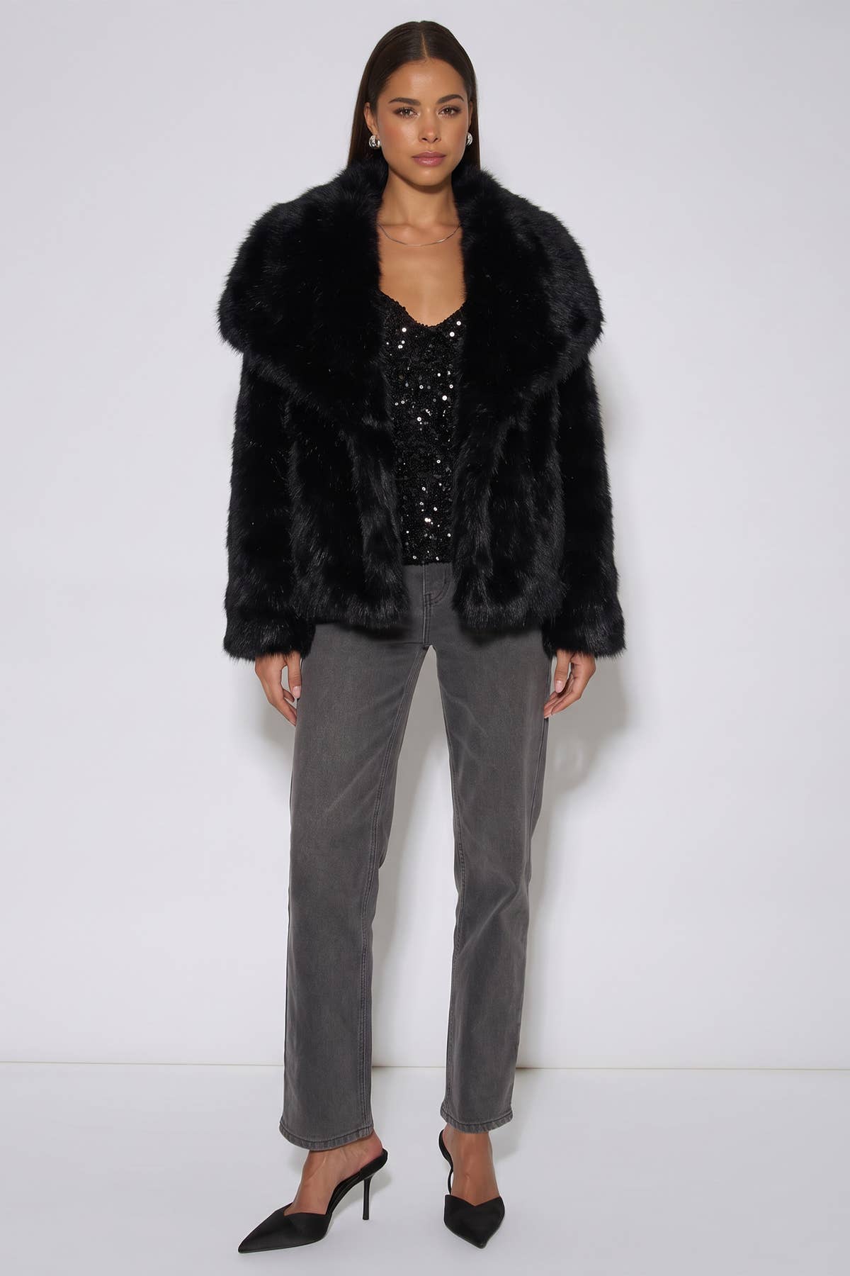 Black Ombre Lapel Faux Fur Jacket– View 1 | Gini London
