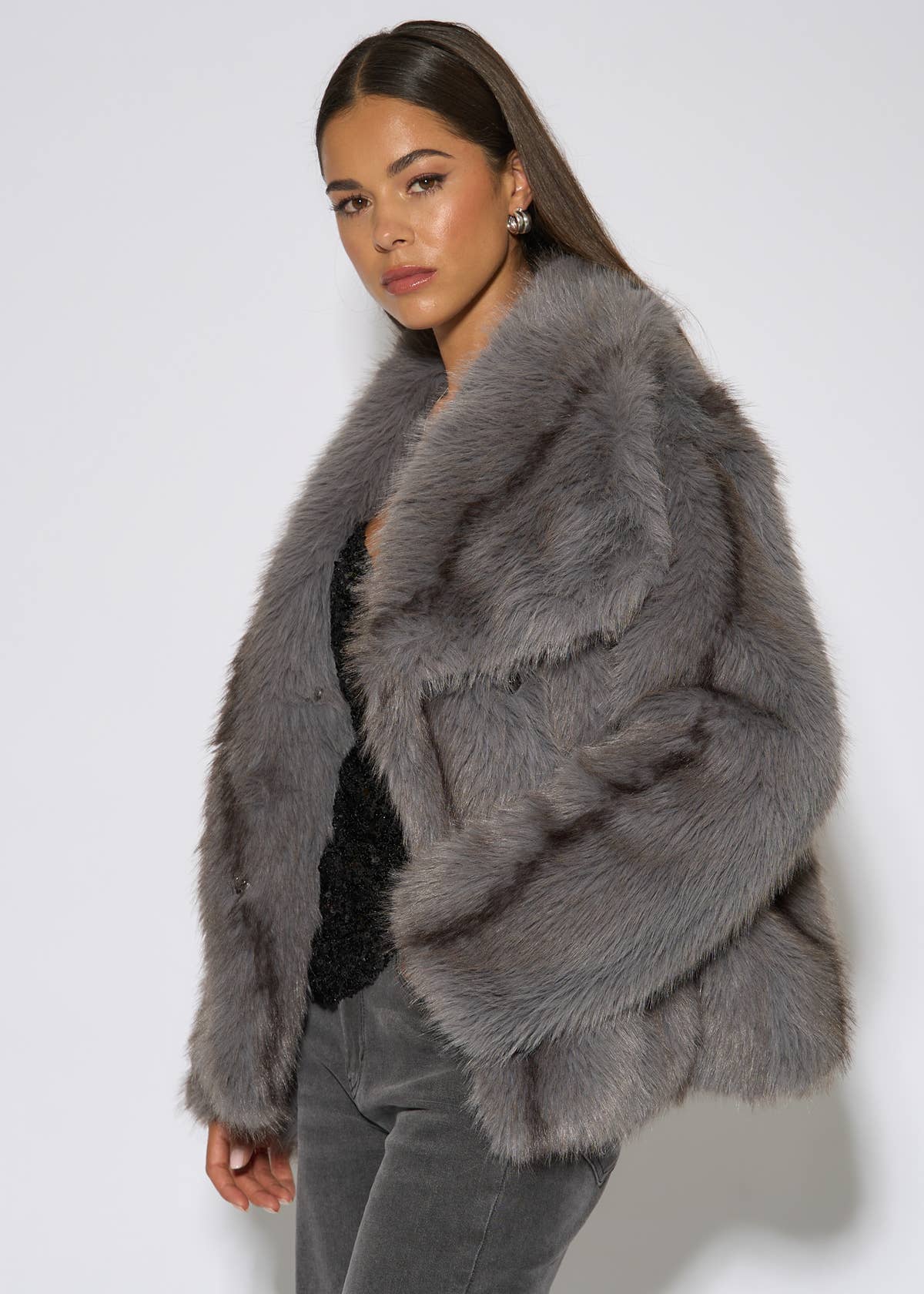 Grey Ombre Lapel Faux Fur Jacket