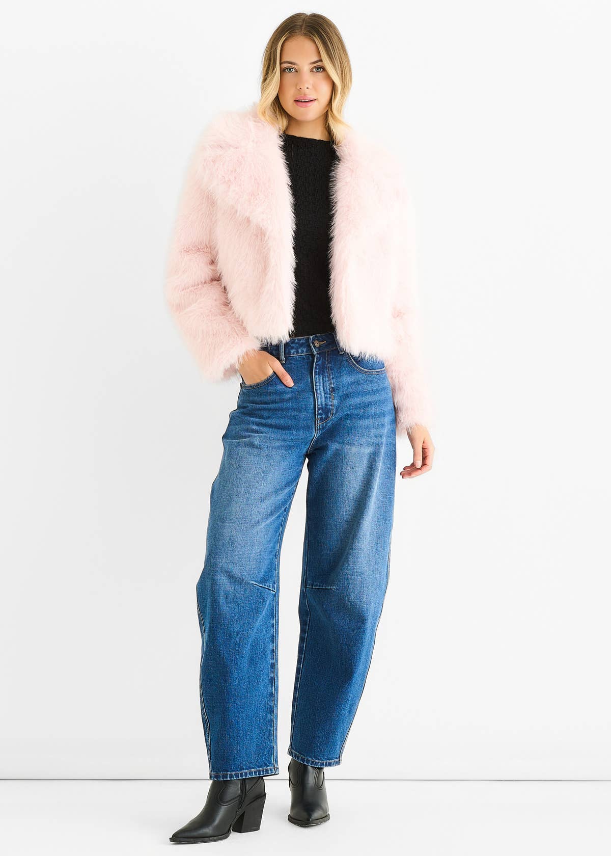 Pink Faux Fur Lapel Short Jacket – View 2 | Gini London