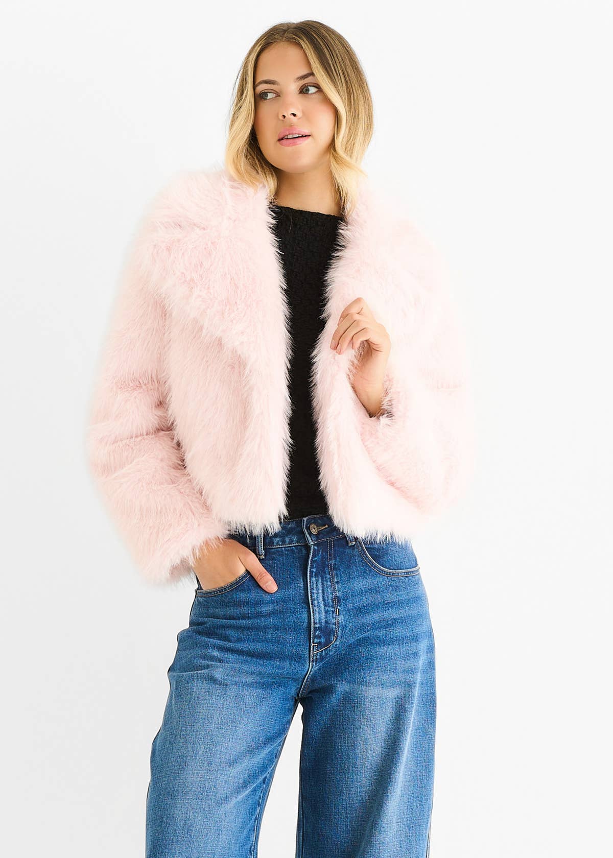 Pink Faux Fur Lapel Short Jacket – View 1 | Gini London