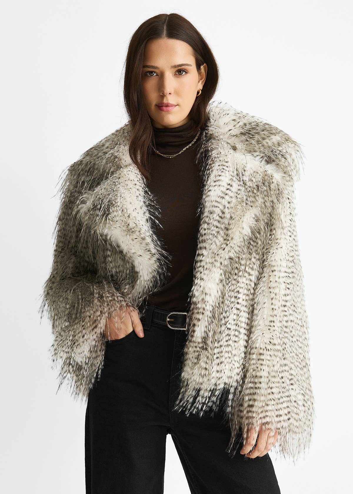 Brown Snow Leopard Faux Fur Short Jacket – View 2 | Gini London