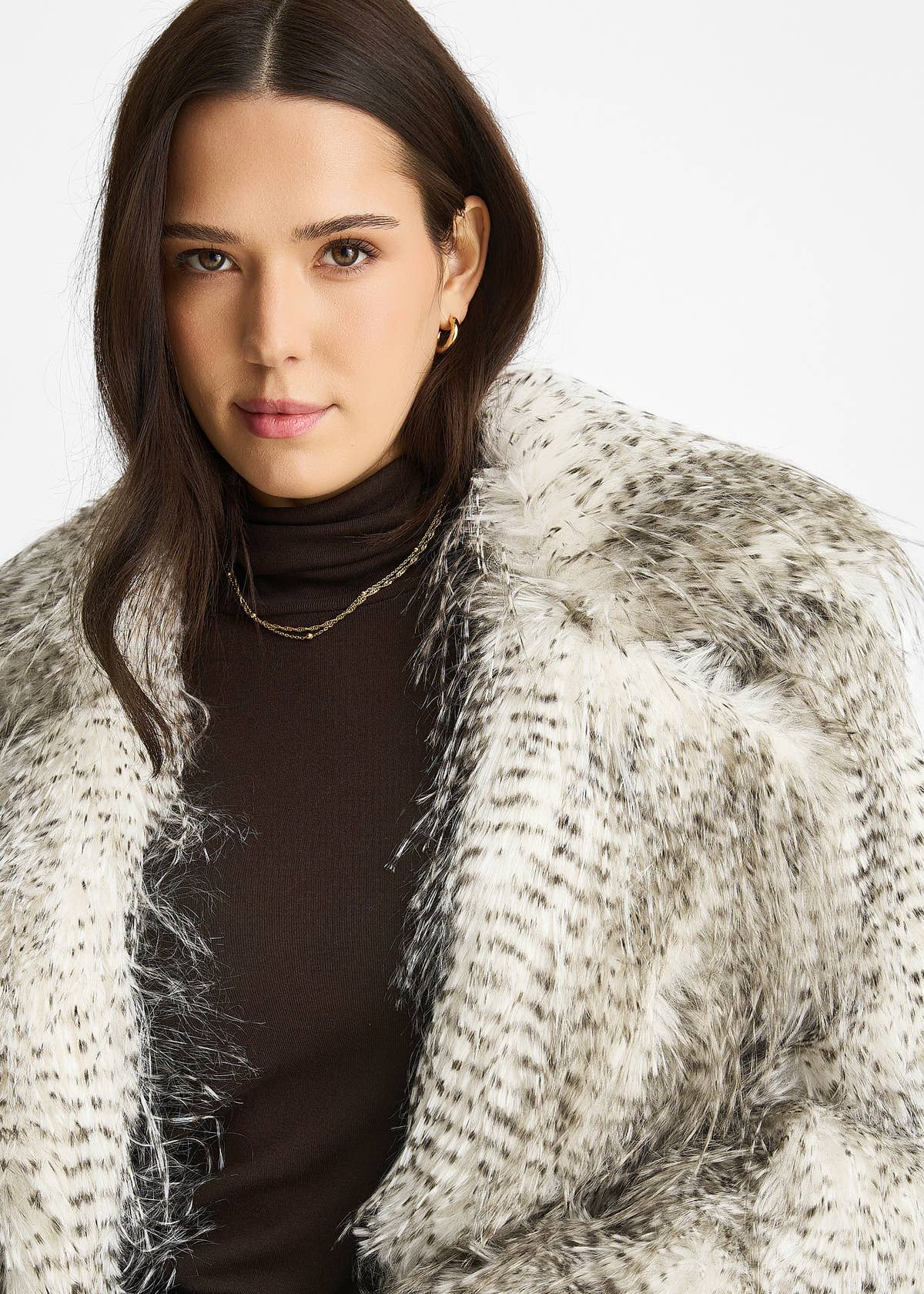 Brown Snow Leopard Faux Fur Short Jacket – View 5 | Gini London