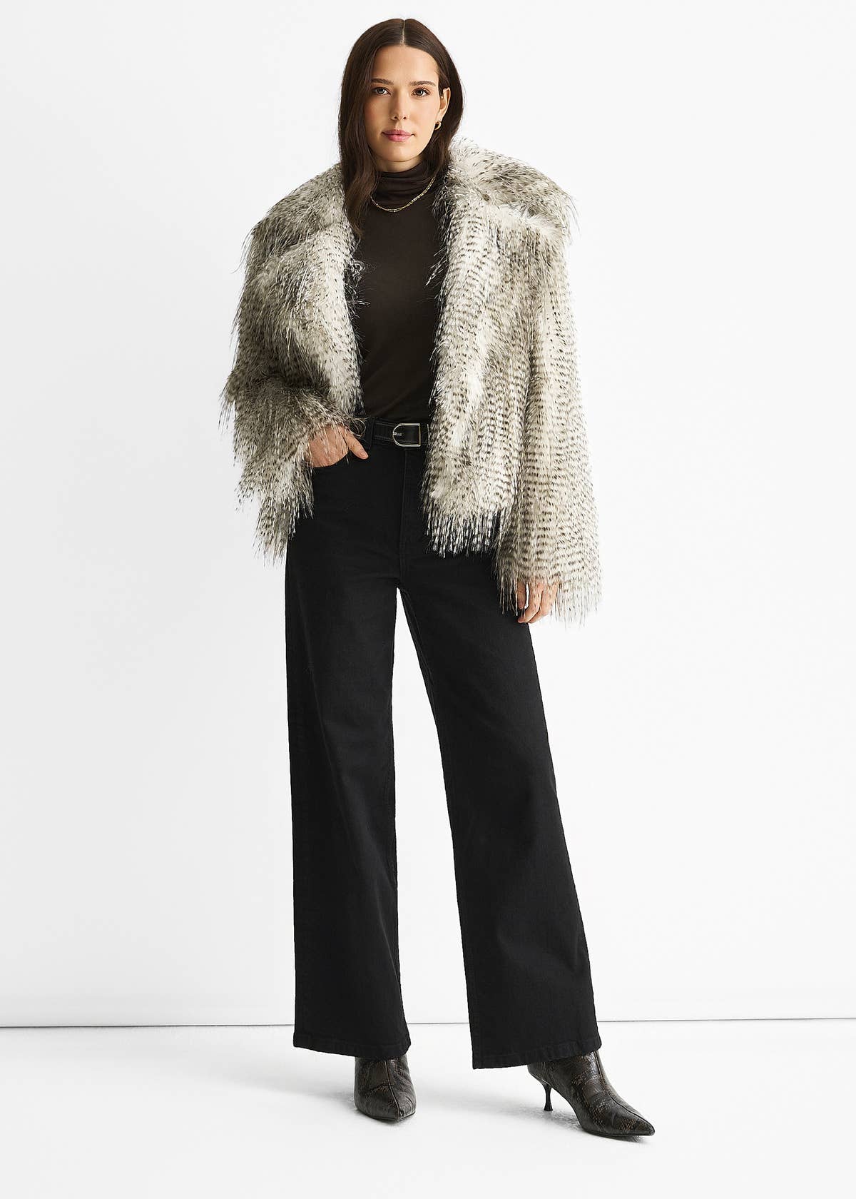 Brown Snow Leopard Faux Fur Short Jacket – View 4 | Gini London