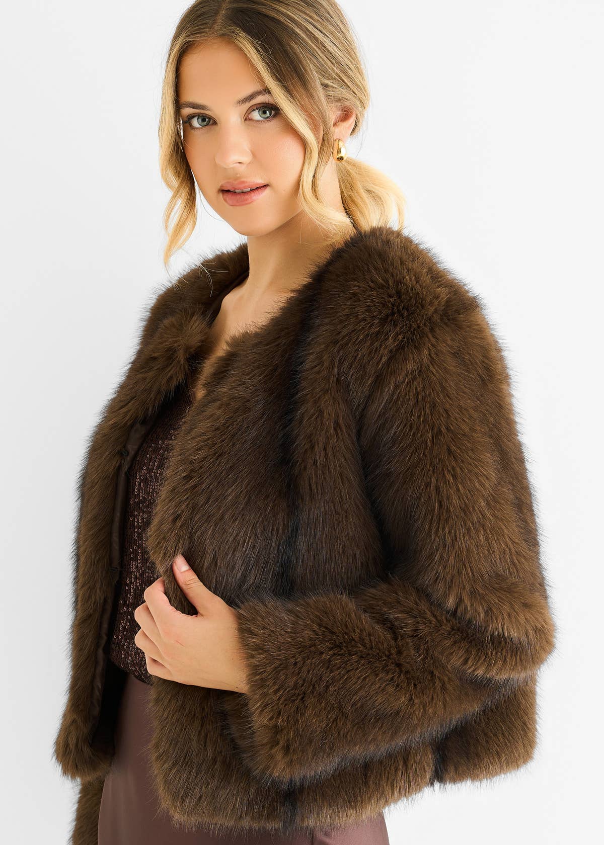 Coffee Round Neck Faux Fur Cropped Jacket – View 1 | Gini London