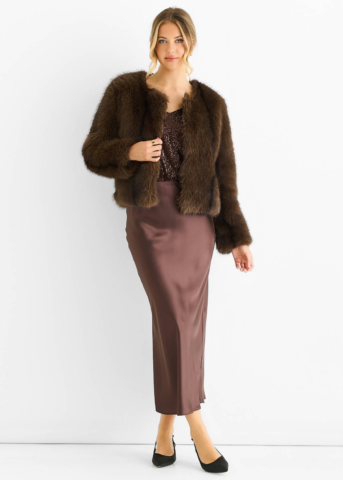 Coffee Round Neck Faux Fur Cropped Jacket – View 2 | Gini London