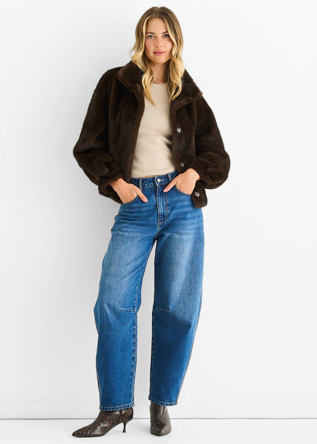 Coffee Funnel Neck Button Up Faux Fur Jacket – View 1 | Gini London