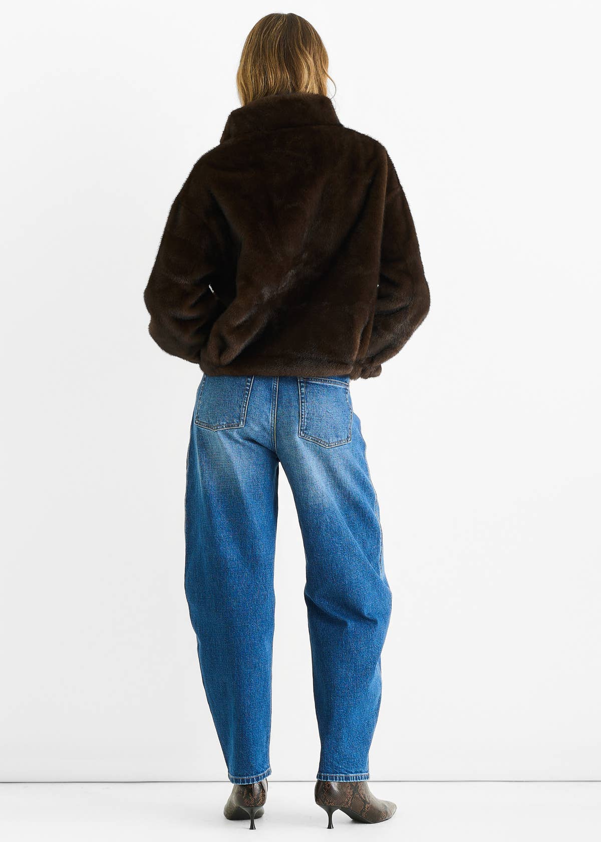 Coffee Funnel Neck Button Up Faux Fur Jacket – View 2 | Gini London