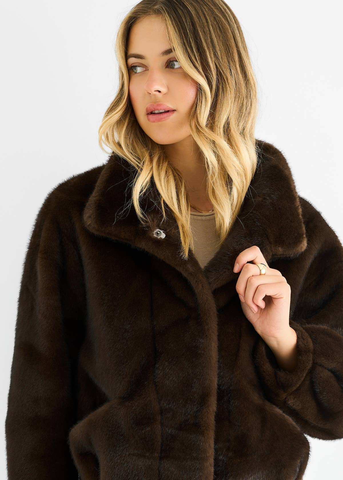 Coffee Funnel Neck Button Up Faux Fur Jacket – View 3 | Gini London