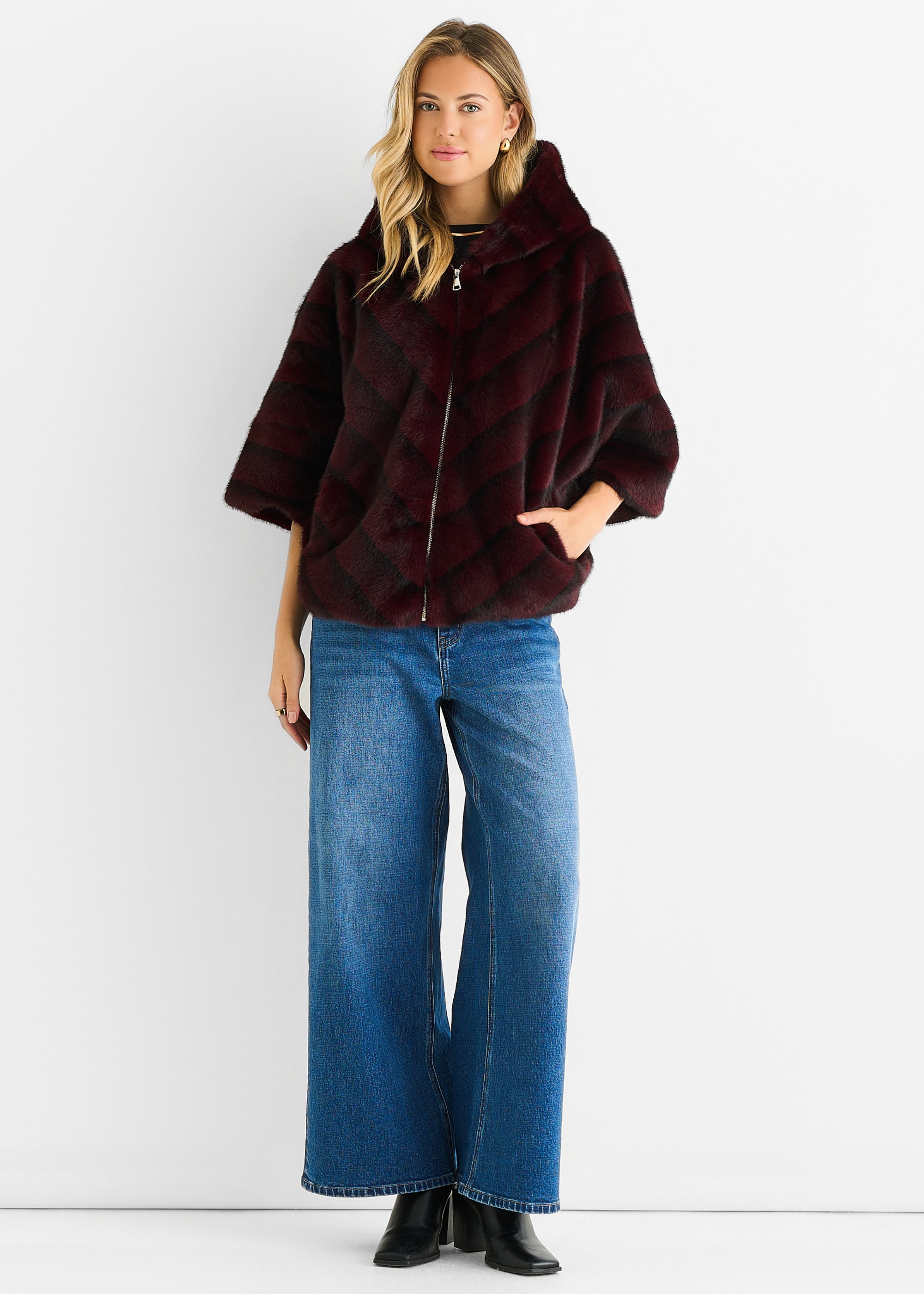 Burgundy Hooded Chevron Faux Fur Cape Jacket
