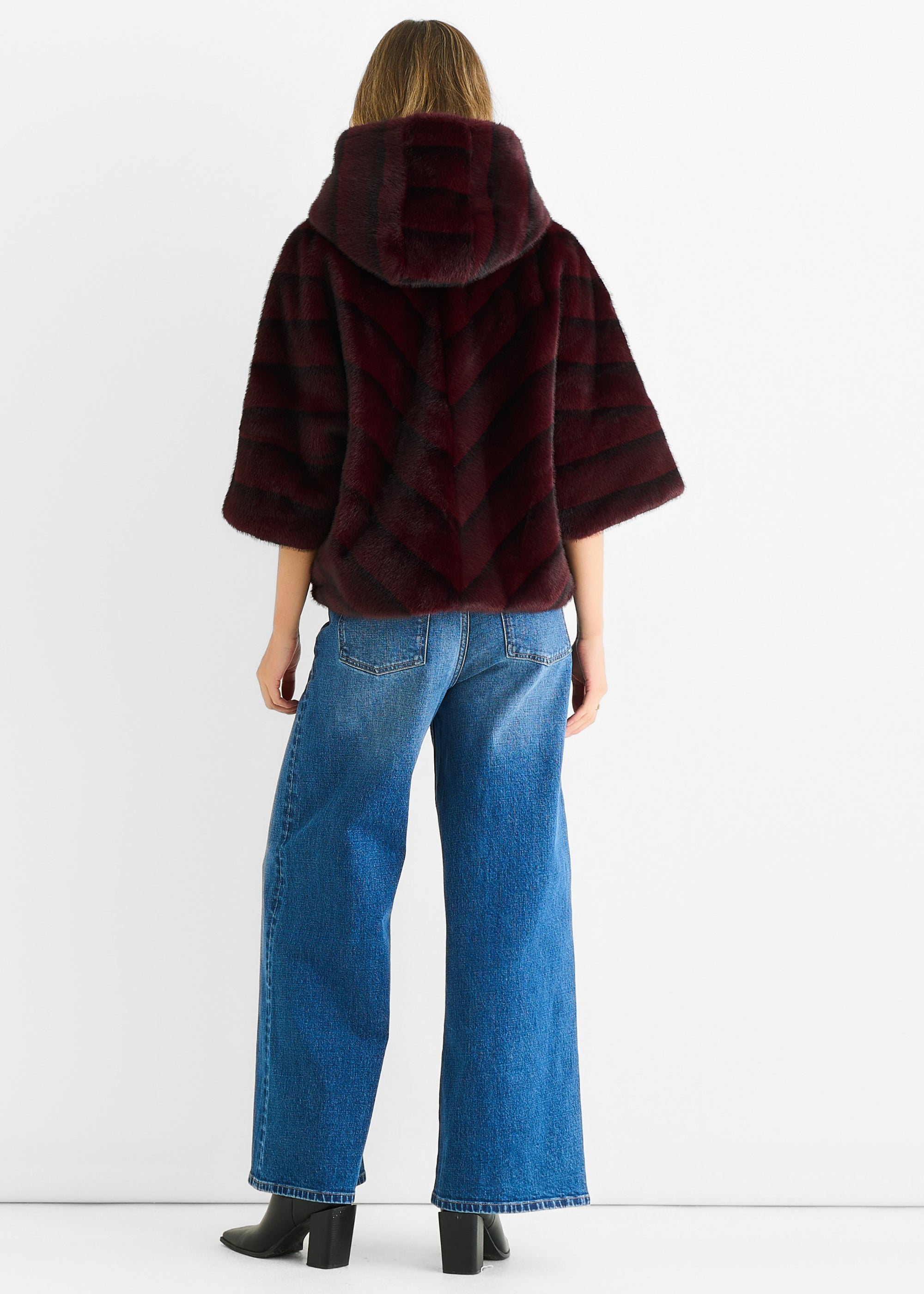 Burgundy Hooded Chevron Faux Fur Cape Jacket