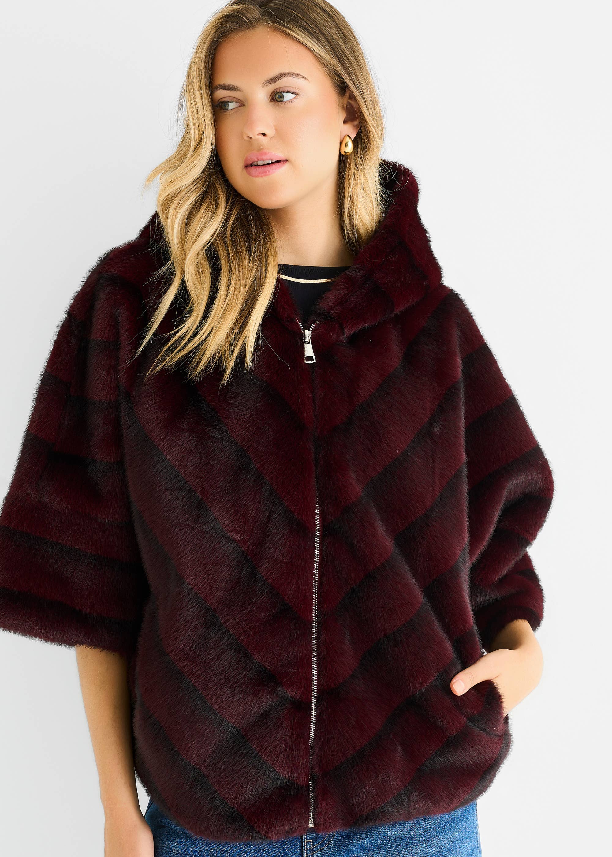 Burgundy Hooded Chevron Faux Fur Cape Jacket