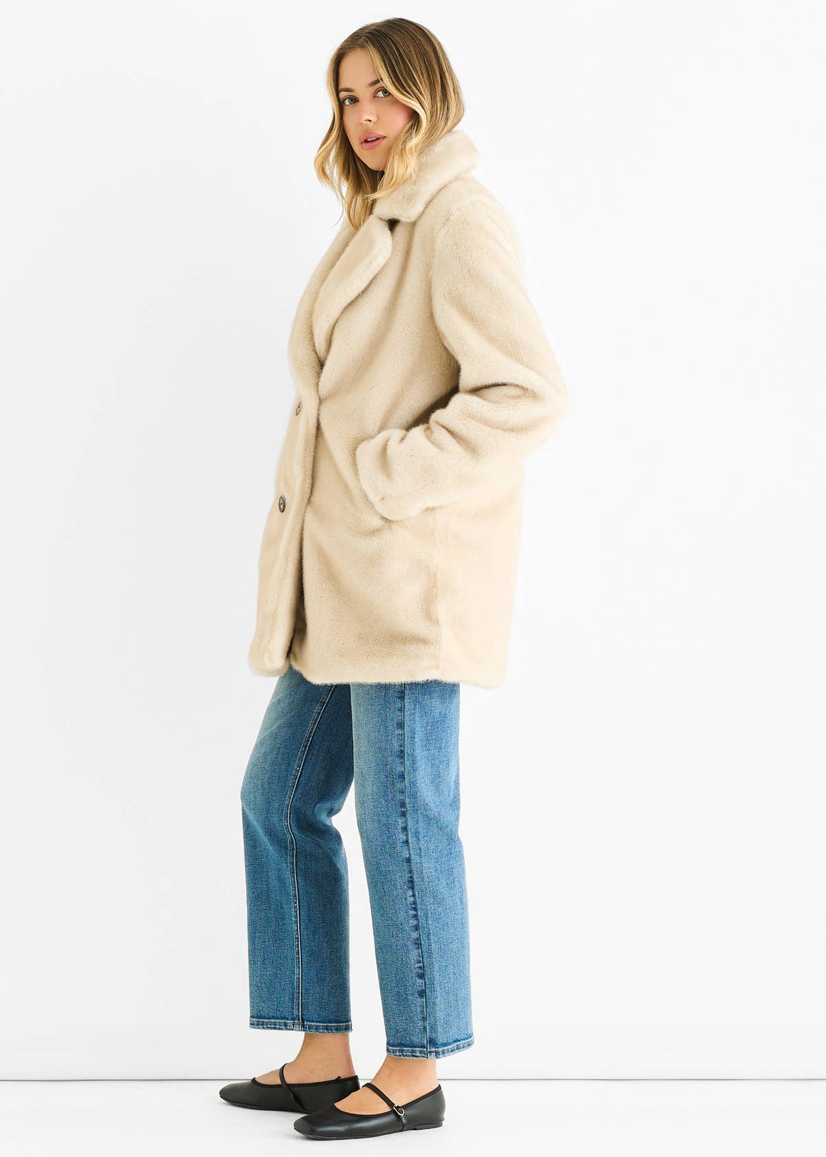 Beige Faux Fur Double Breasted Longline Jacket – View 4 | Gini London