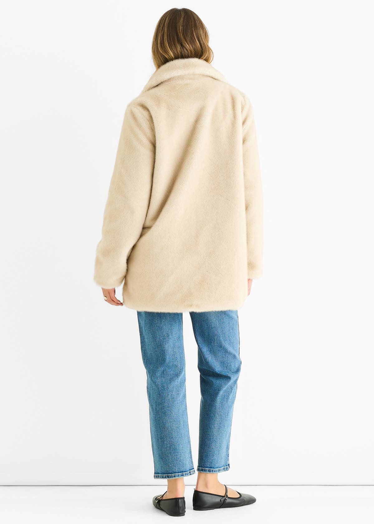 Beige Faux Fur Double Breasted Longline Jacket – View 2 | Gini London