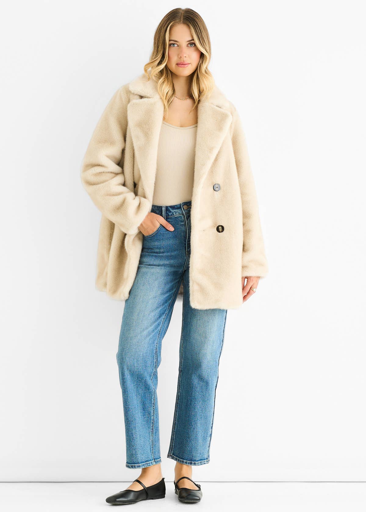 Beige Faux Fur Double Breasted Longline Jacket – View 1 | Gini London