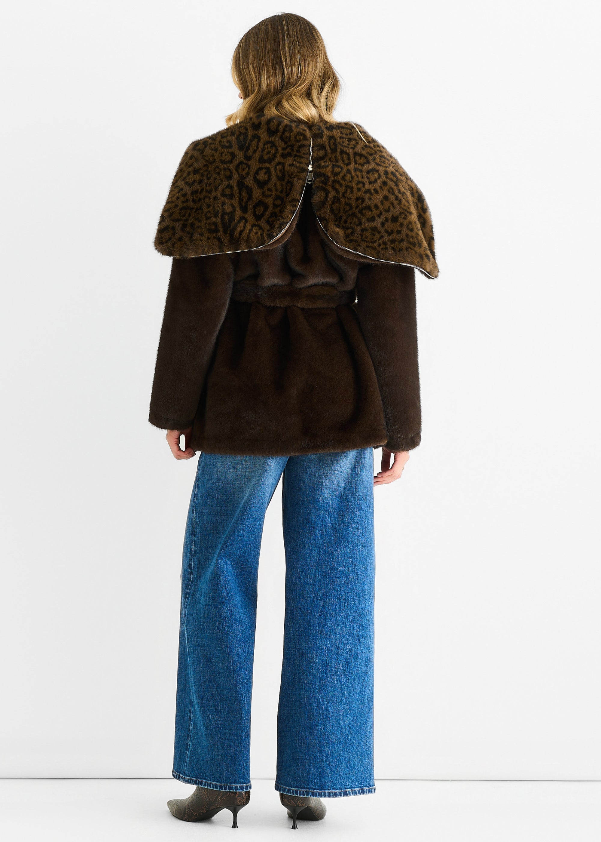 Chocolate Premium Contrast Lapel Hood Animal Faux Fur Jacket