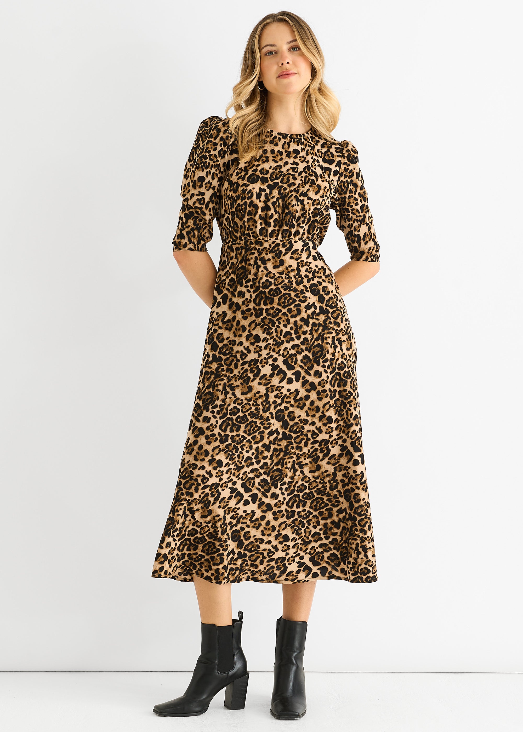 Brown Animal Print Satin Shift Midi Dress