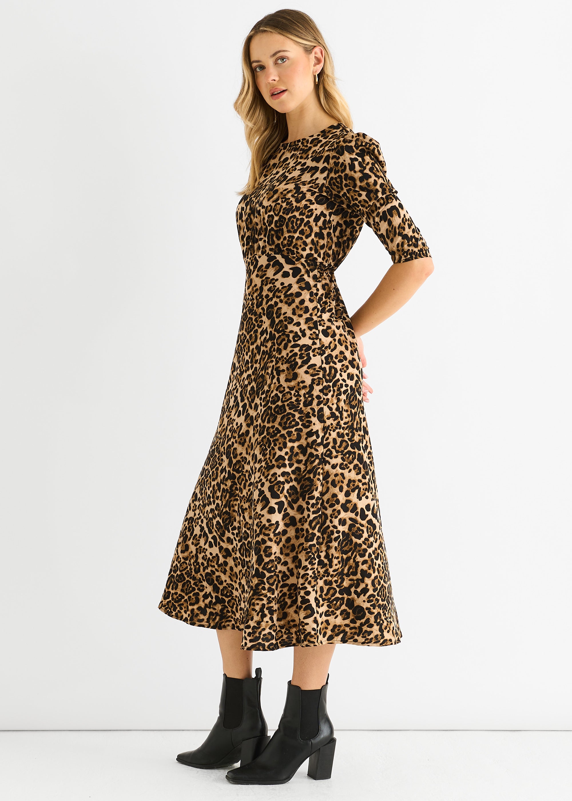 Brown Animal Print Satin Shift Midi Dress