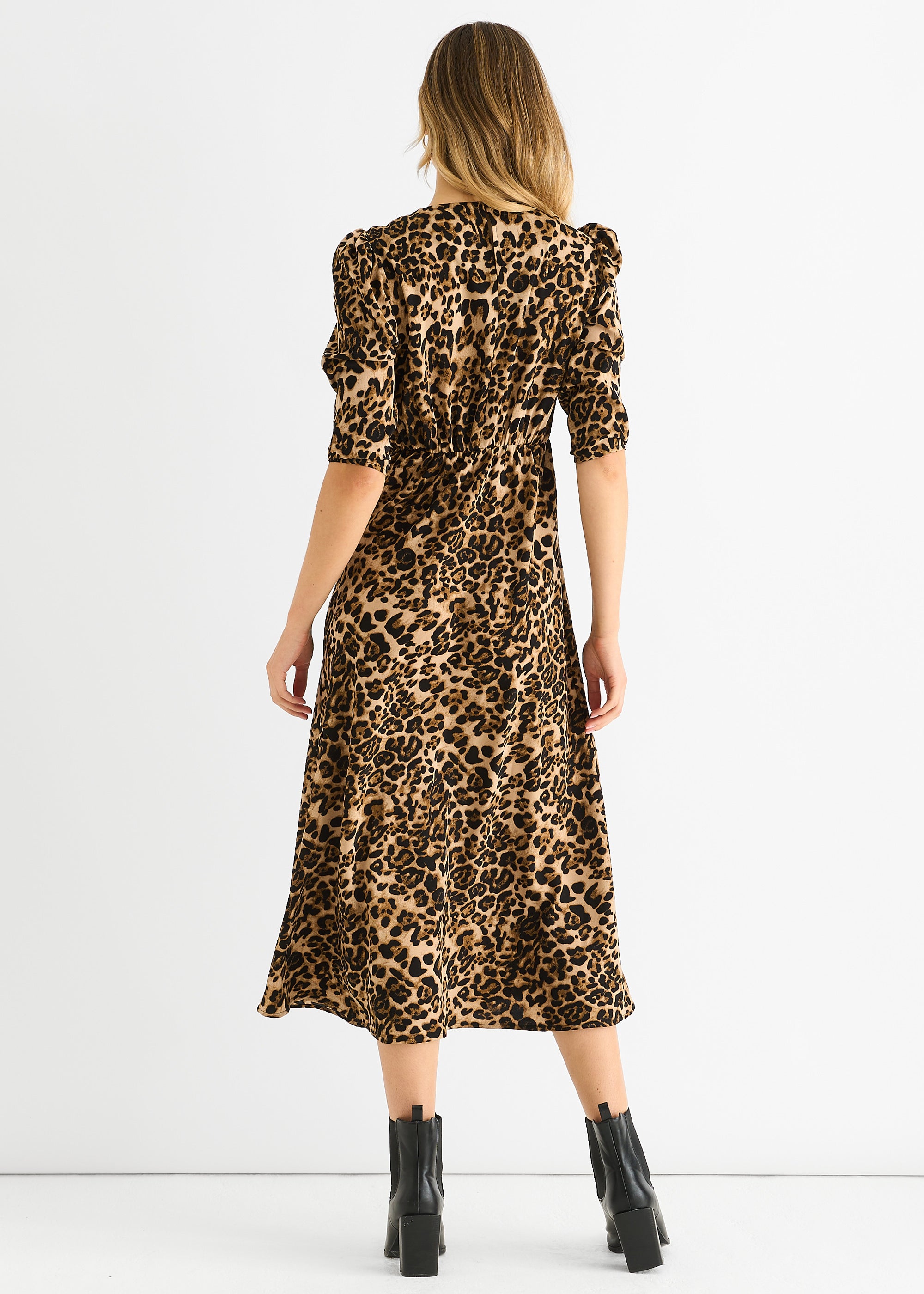 Brown Animal Print Satin Shift Midi Dress