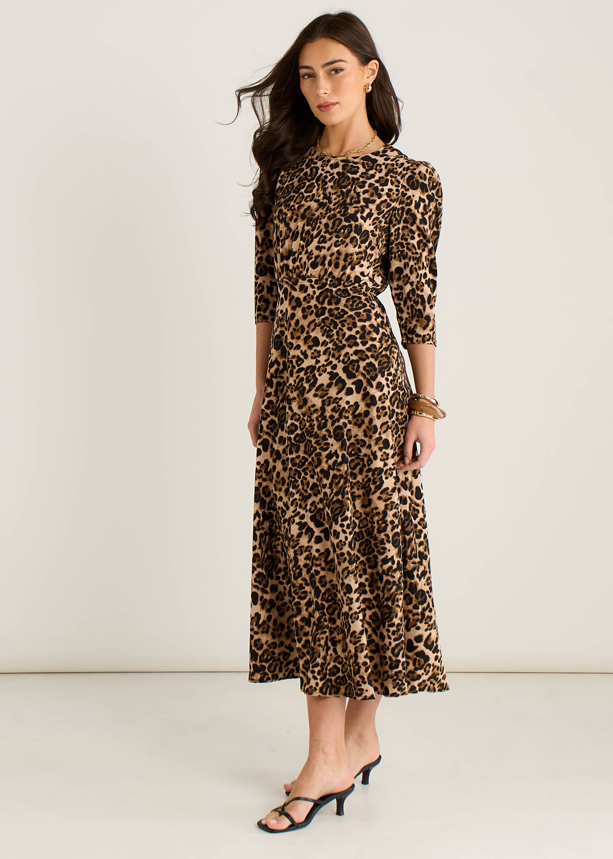 Brown Animal Print Satin Shift Midi Dress