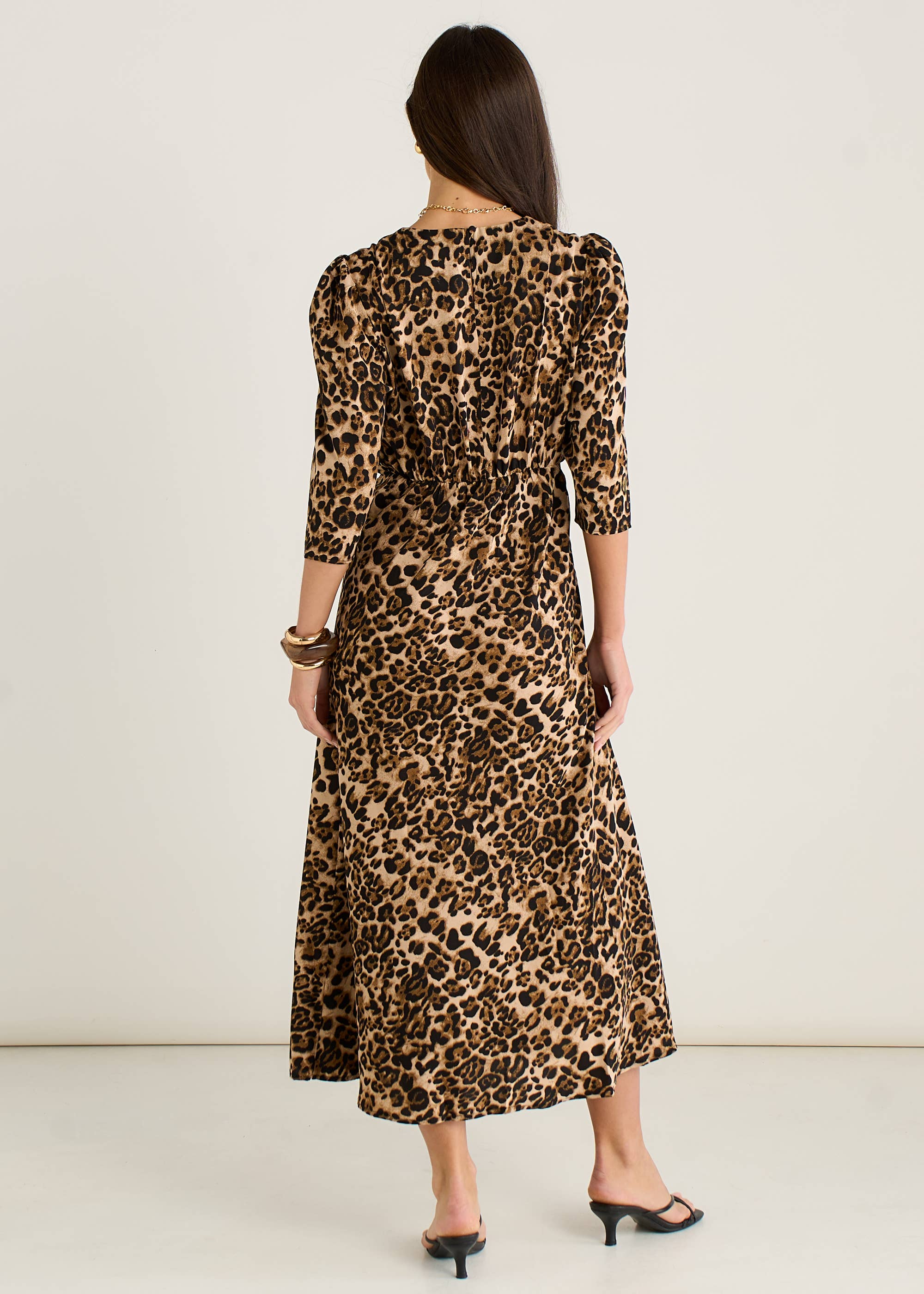 Brown Animal Print Satin Shift Midi Dress