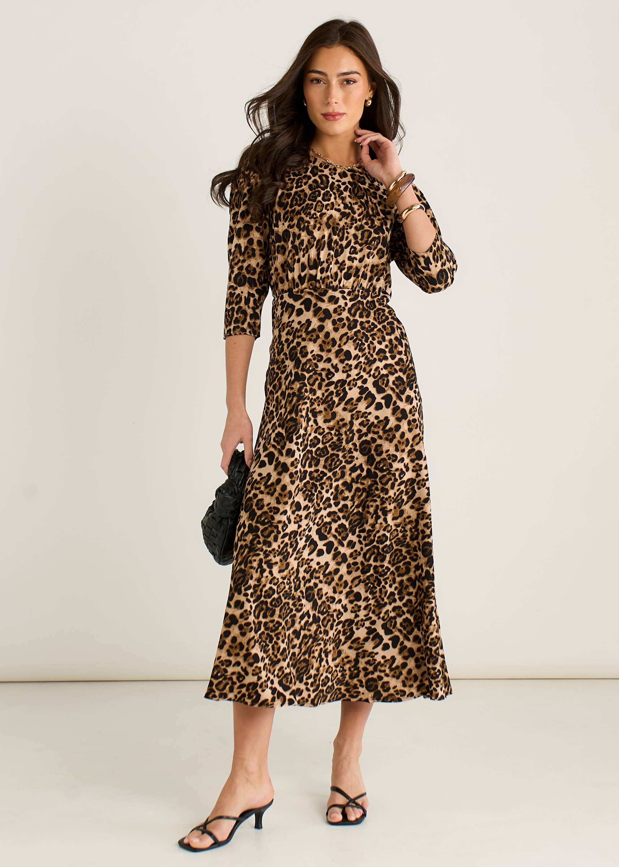 Brown Animal Print Satin Shift Midi Dress
