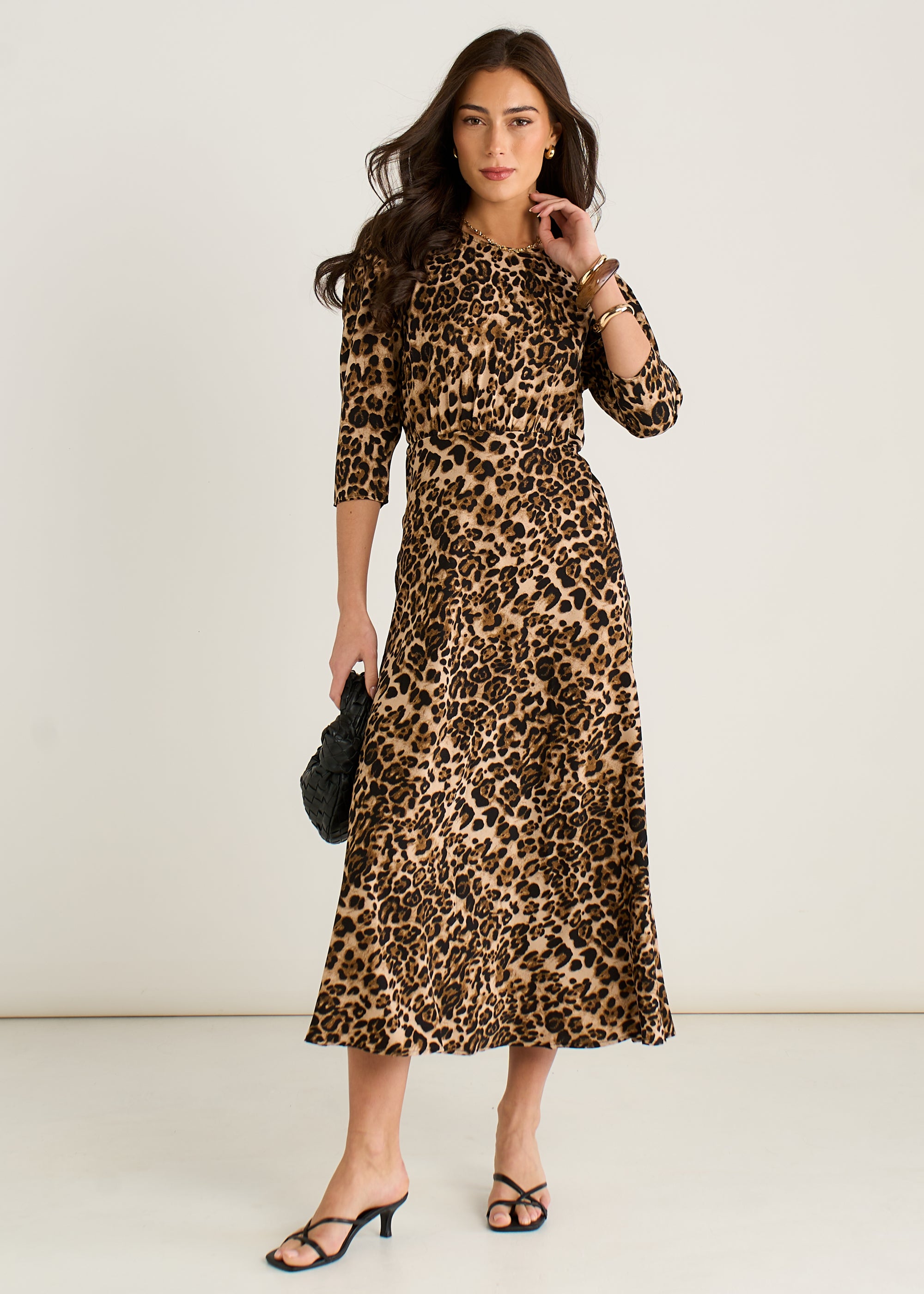 Animal Print Satin Shift Midi Dress