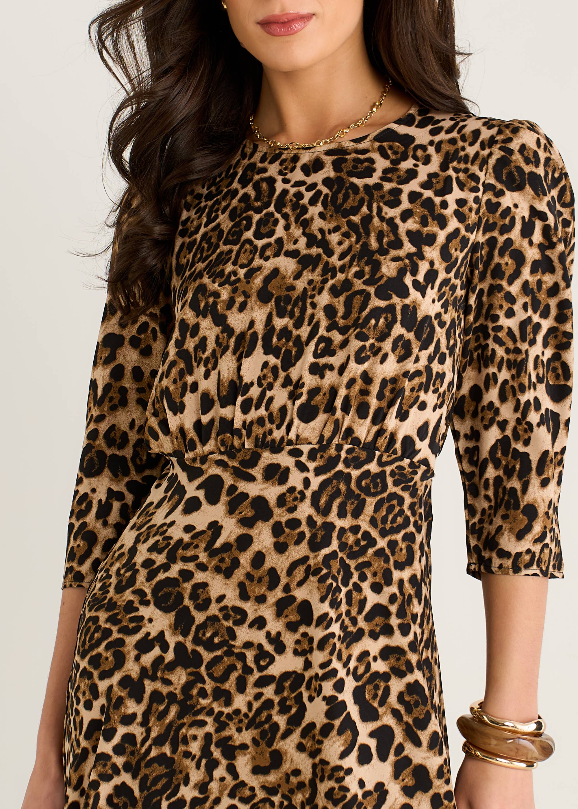 Brown Animal Print Satin Shift Midi Dress