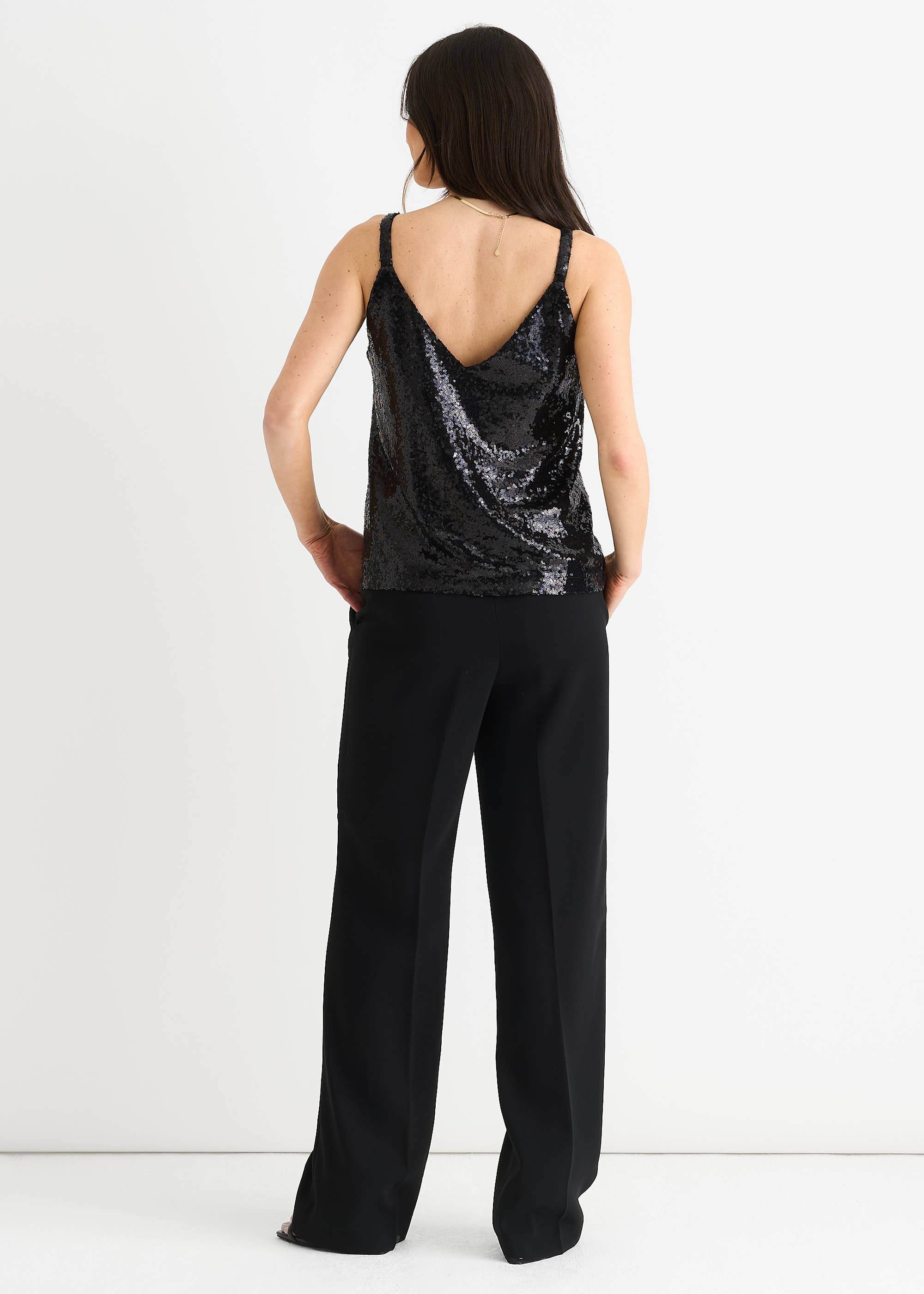 Black Sequin V Neck Cami Top