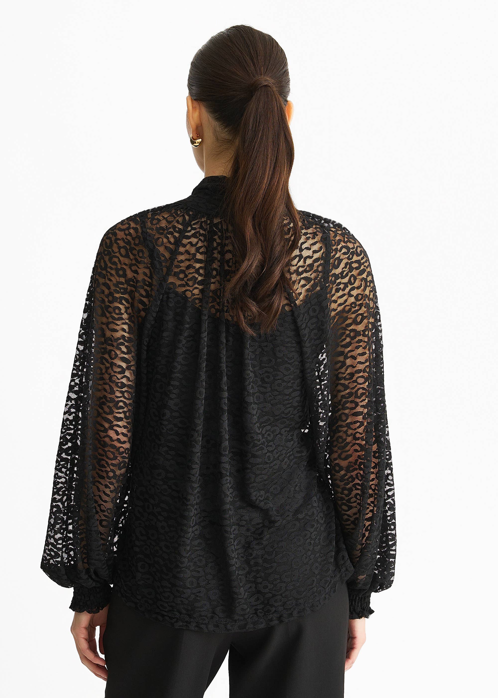 Black Animal Lace Neck Tie Detail Blouse