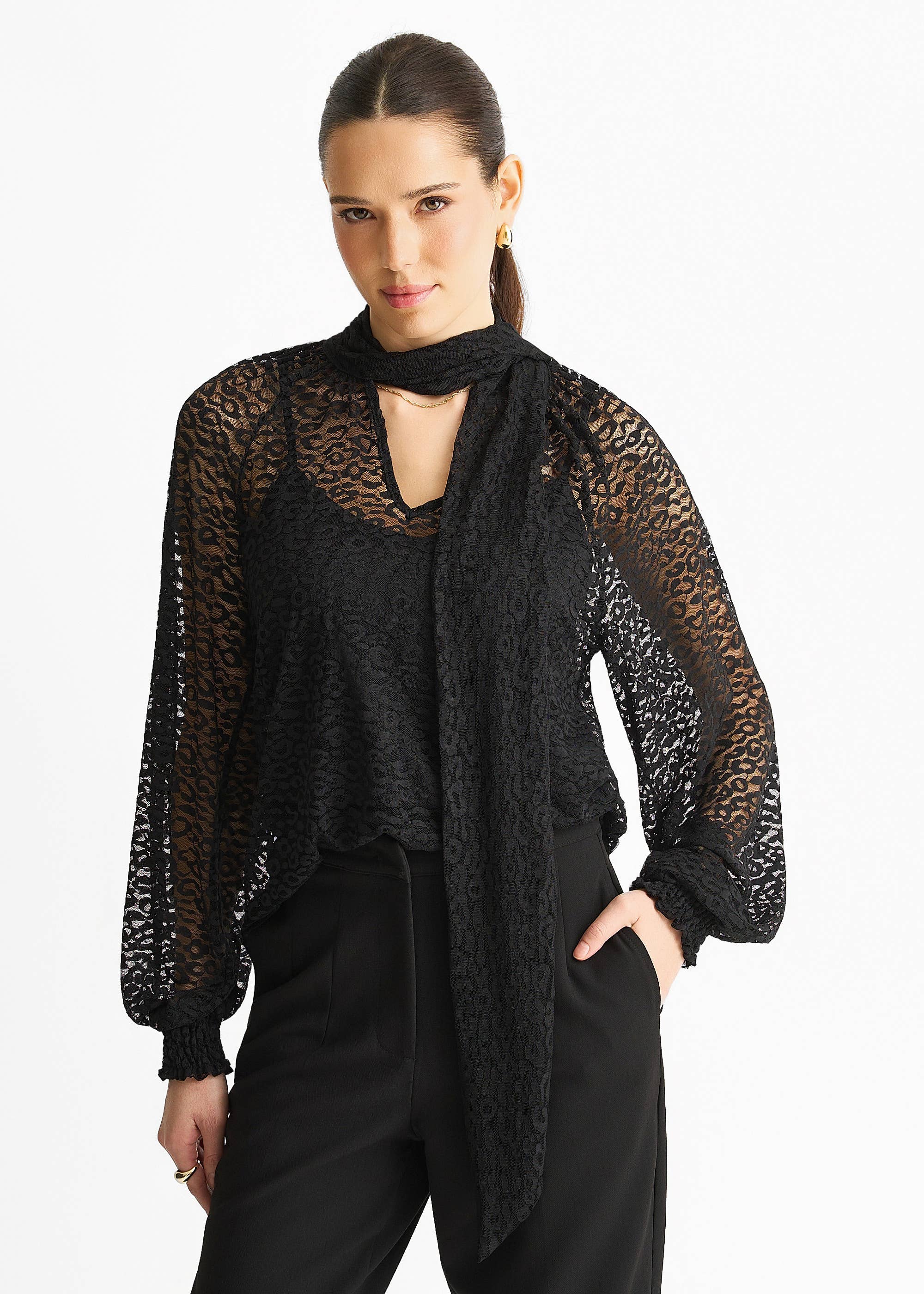 Black Animal Lace Neck Tie Detail Blouse