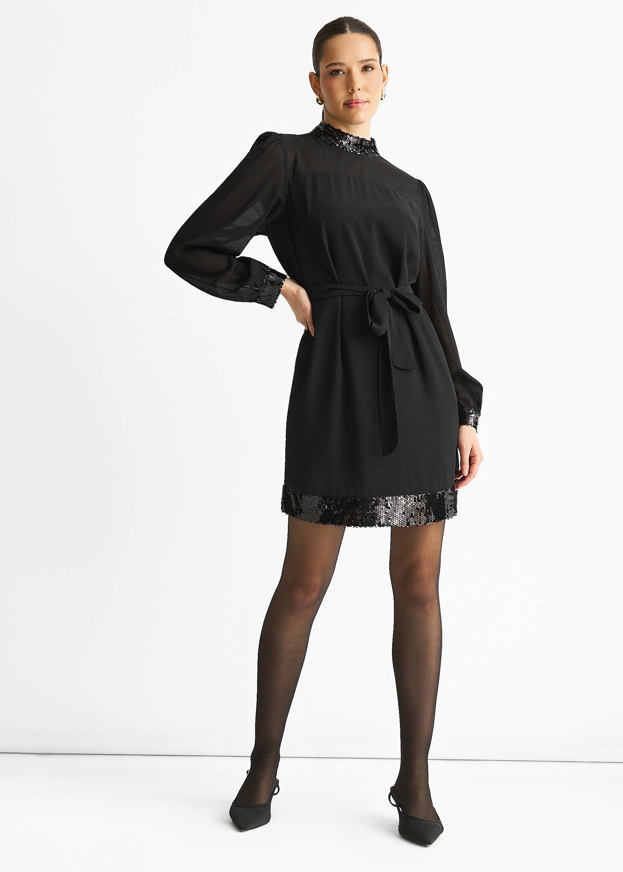 Black Sequin Trim High Neck Belted Mini Dress