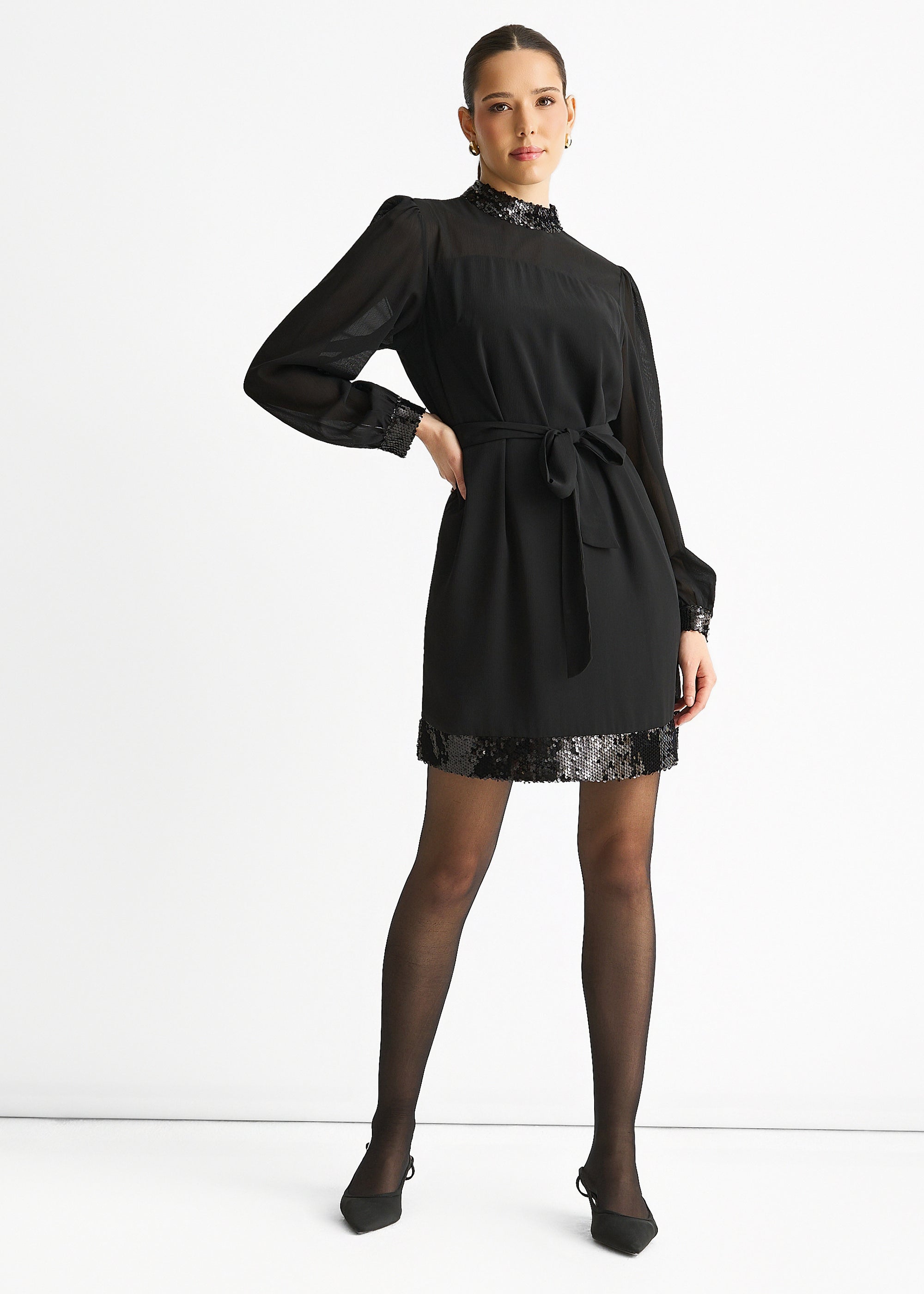 Sequin Trim High Neck Belted Mini Dress