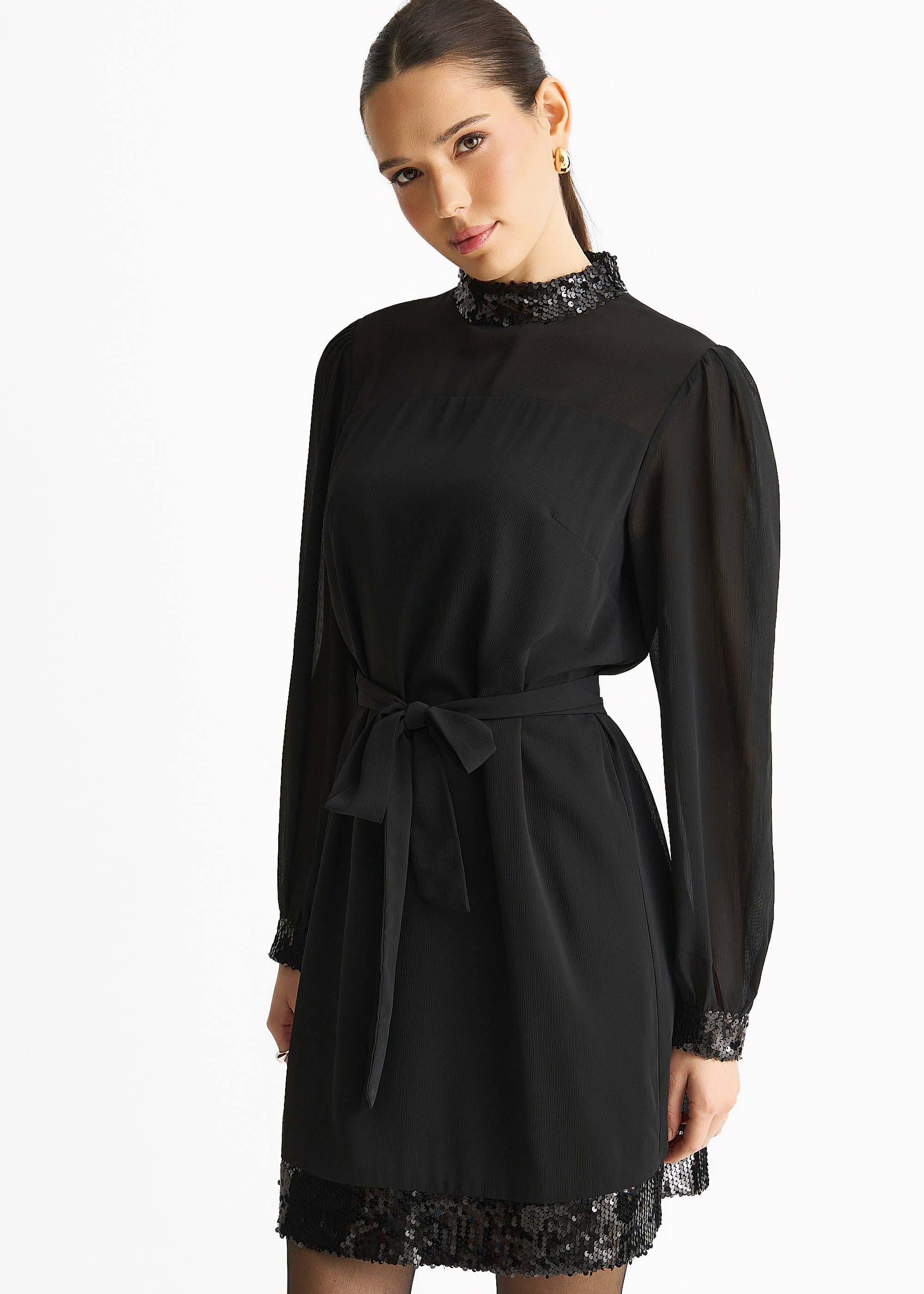 Black Sequin Trim High Neck Belted Mini Dress