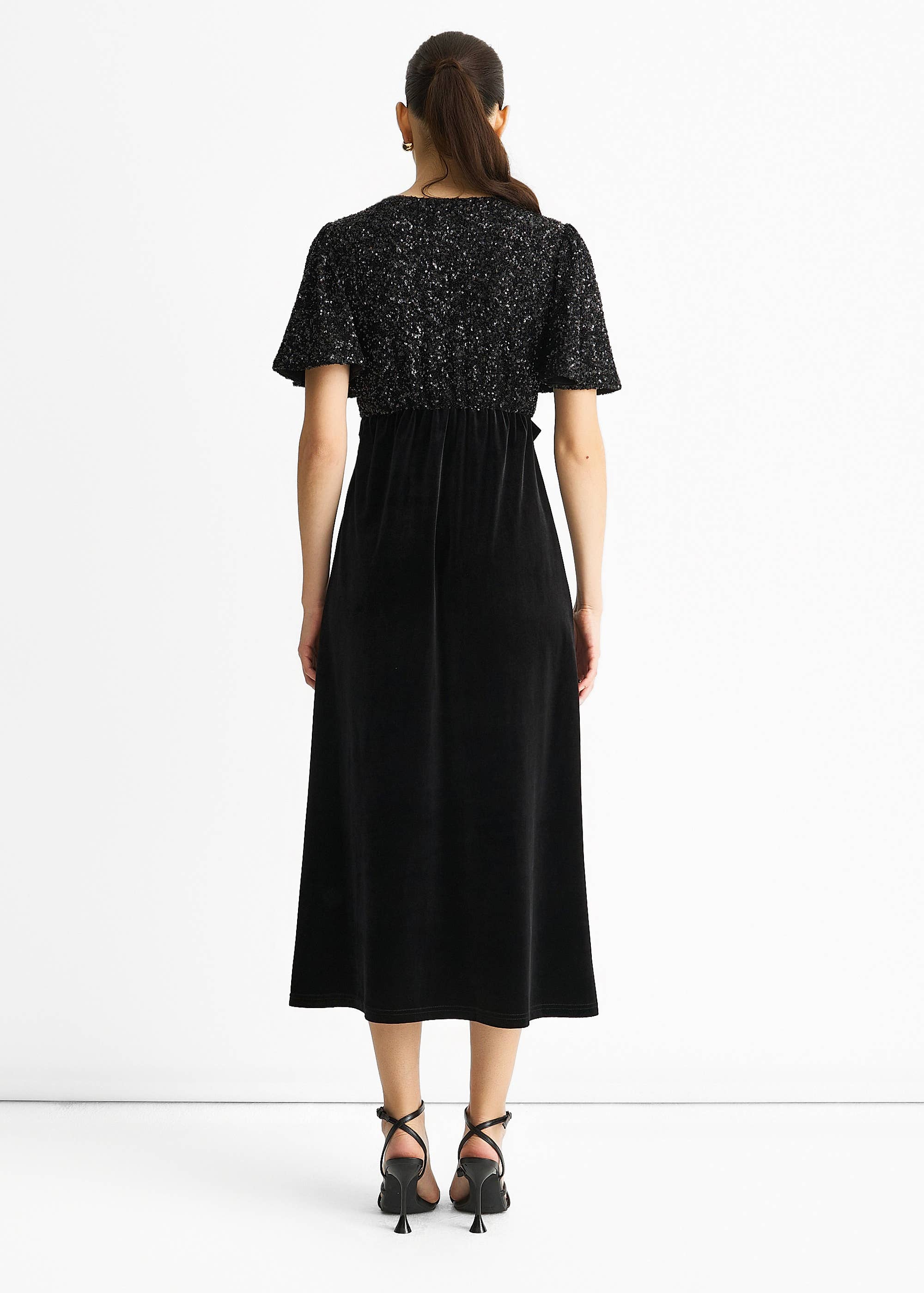 Black Sequin Top Premium Velvet Occasion Midi Dress